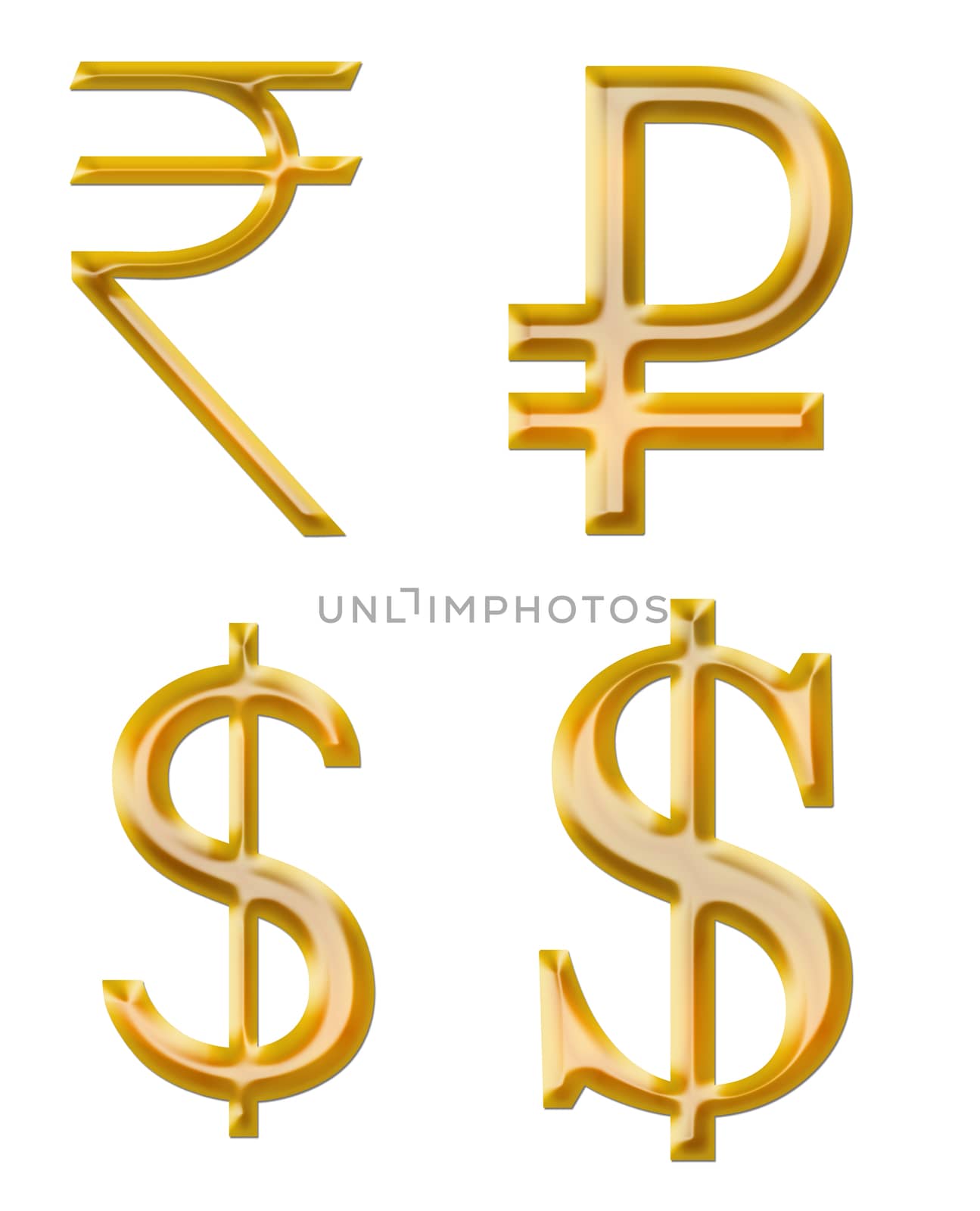 signs of currencies: rupee, Russian ruble, American dollar