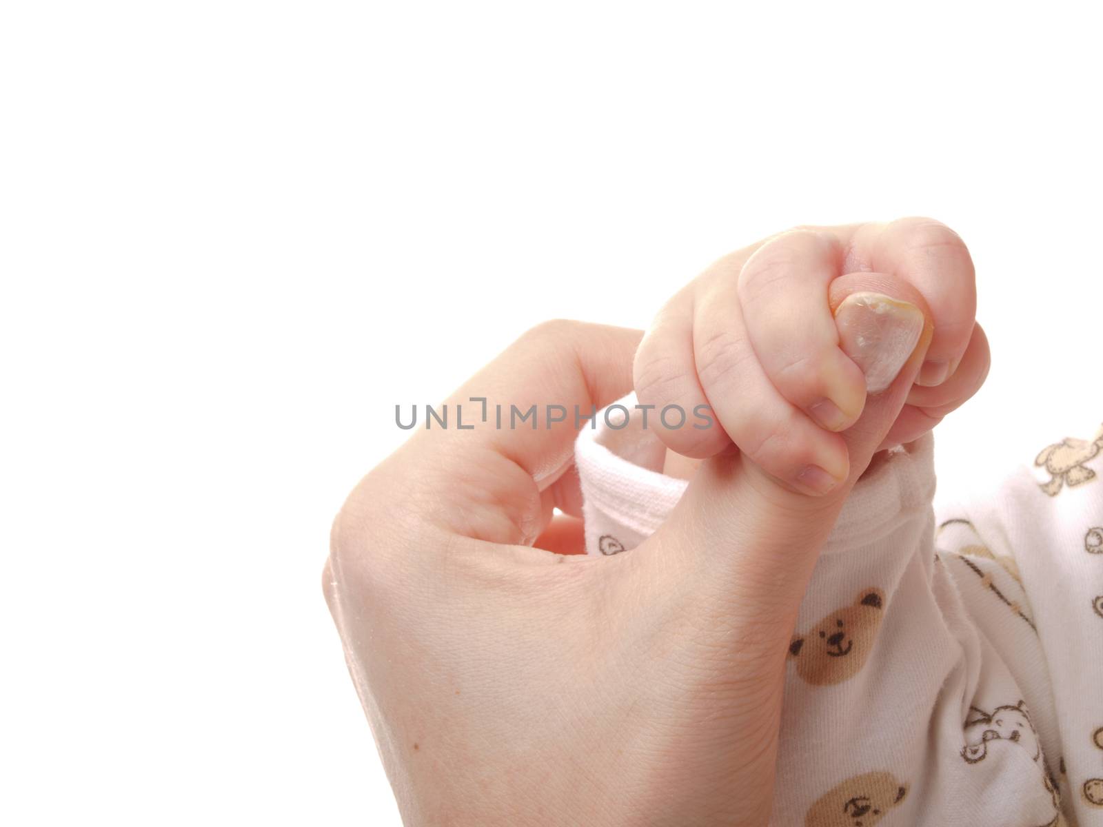 Baby connecting with mother by holding hands towards white background