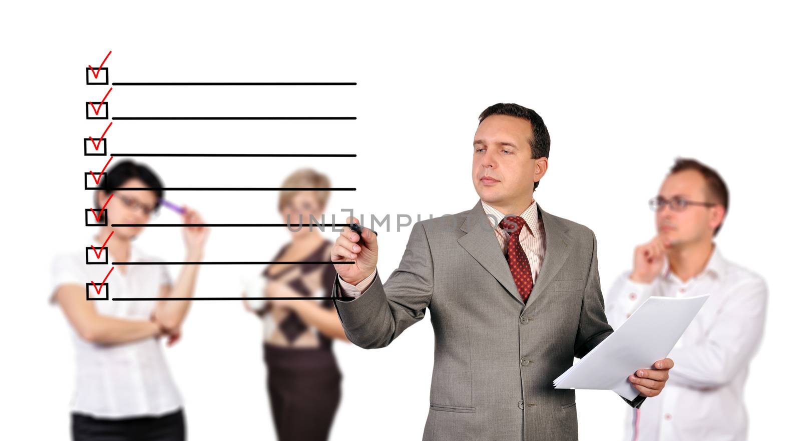 businessmen drawing check box and people on background