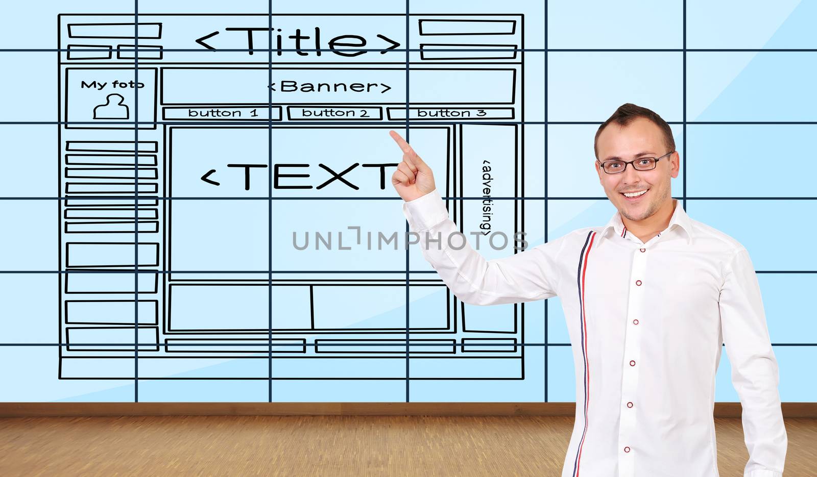 happy man pointing at plasma wall with template website