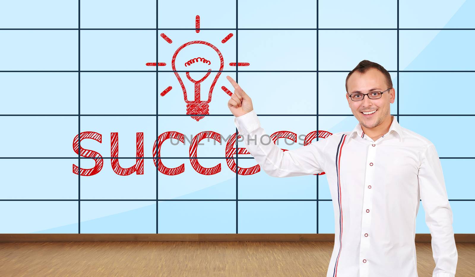 happy man pointing at plasma wall with success symbol