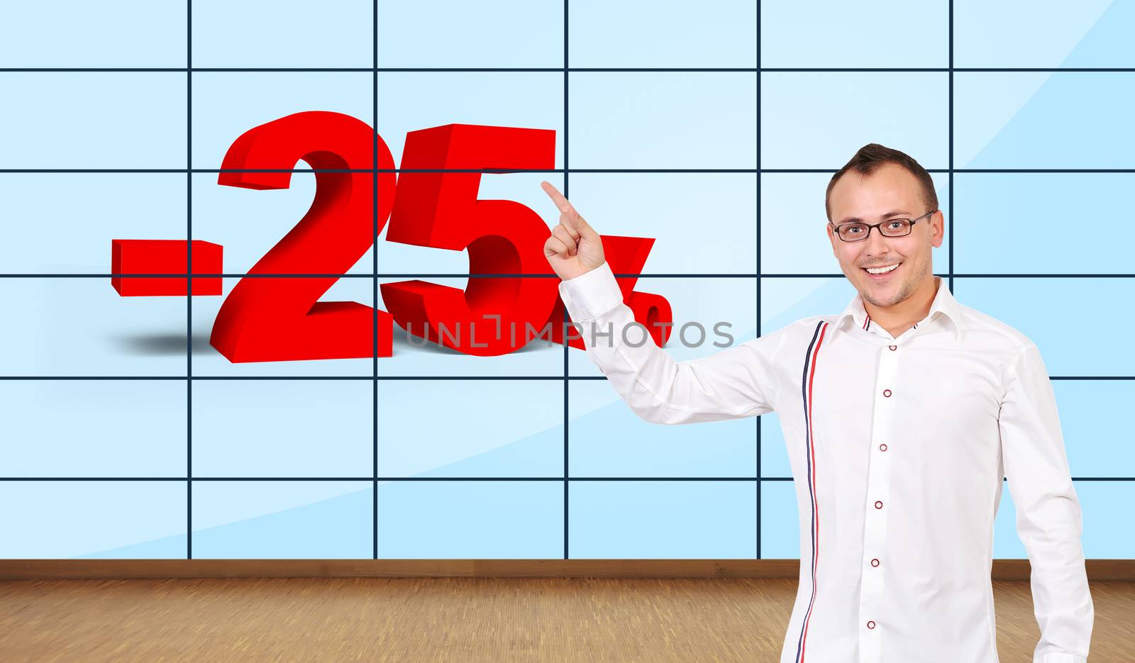 happy man pointing at discount on plasma wall