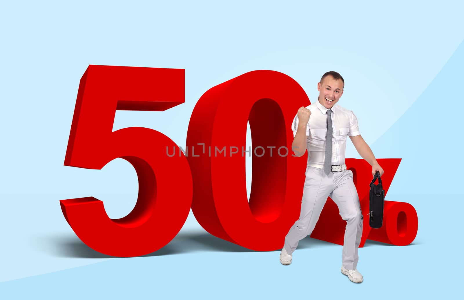 successful businessman and 50 percent discount icon