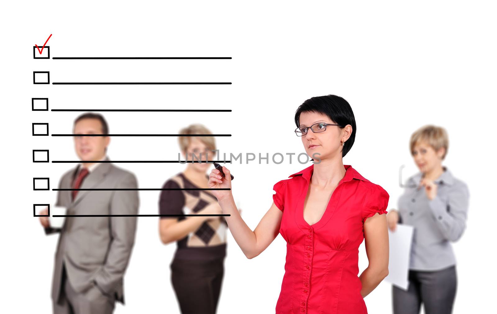 woman drawing check box and people on background