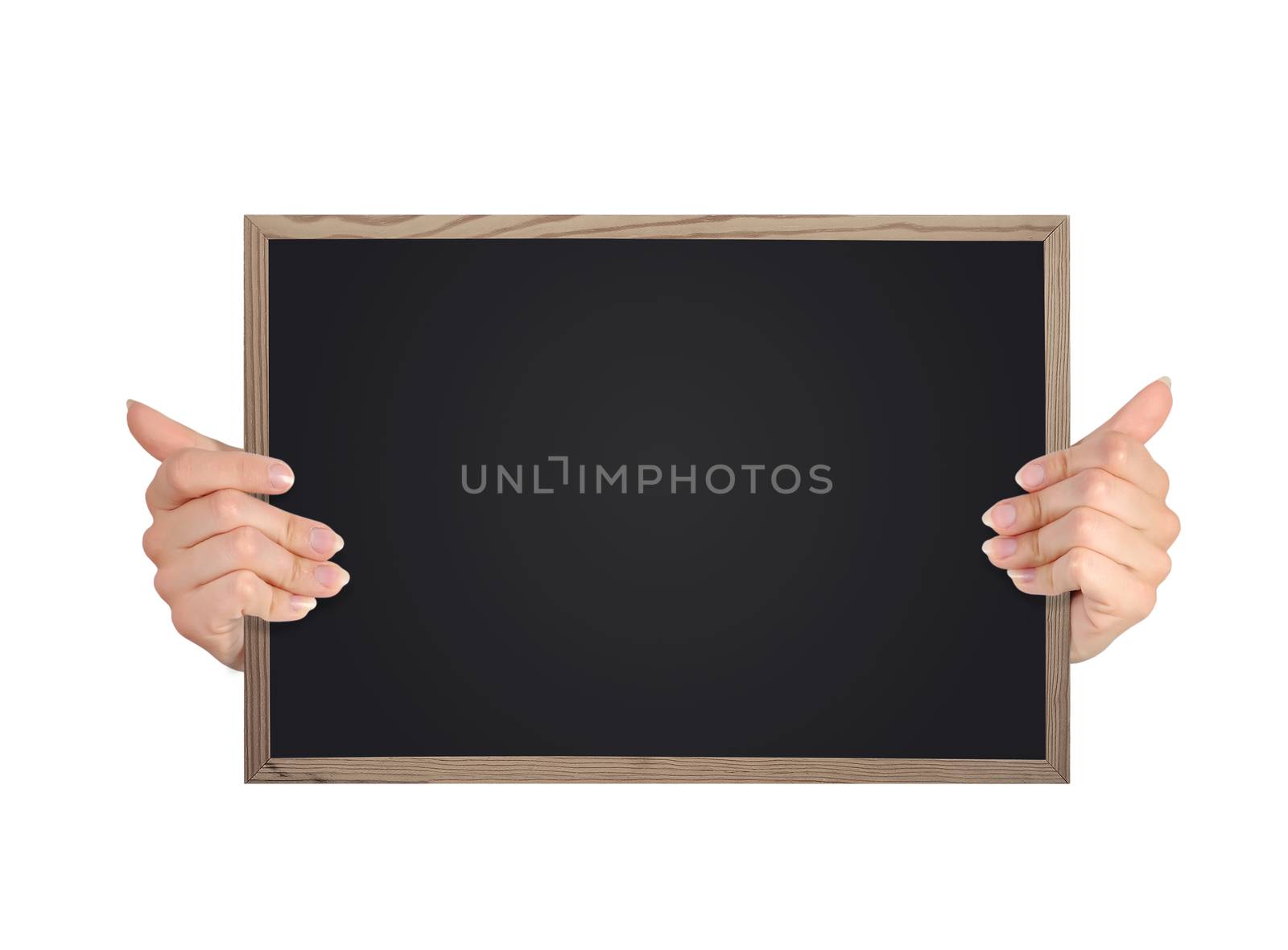 hands holding blackboard on a white background