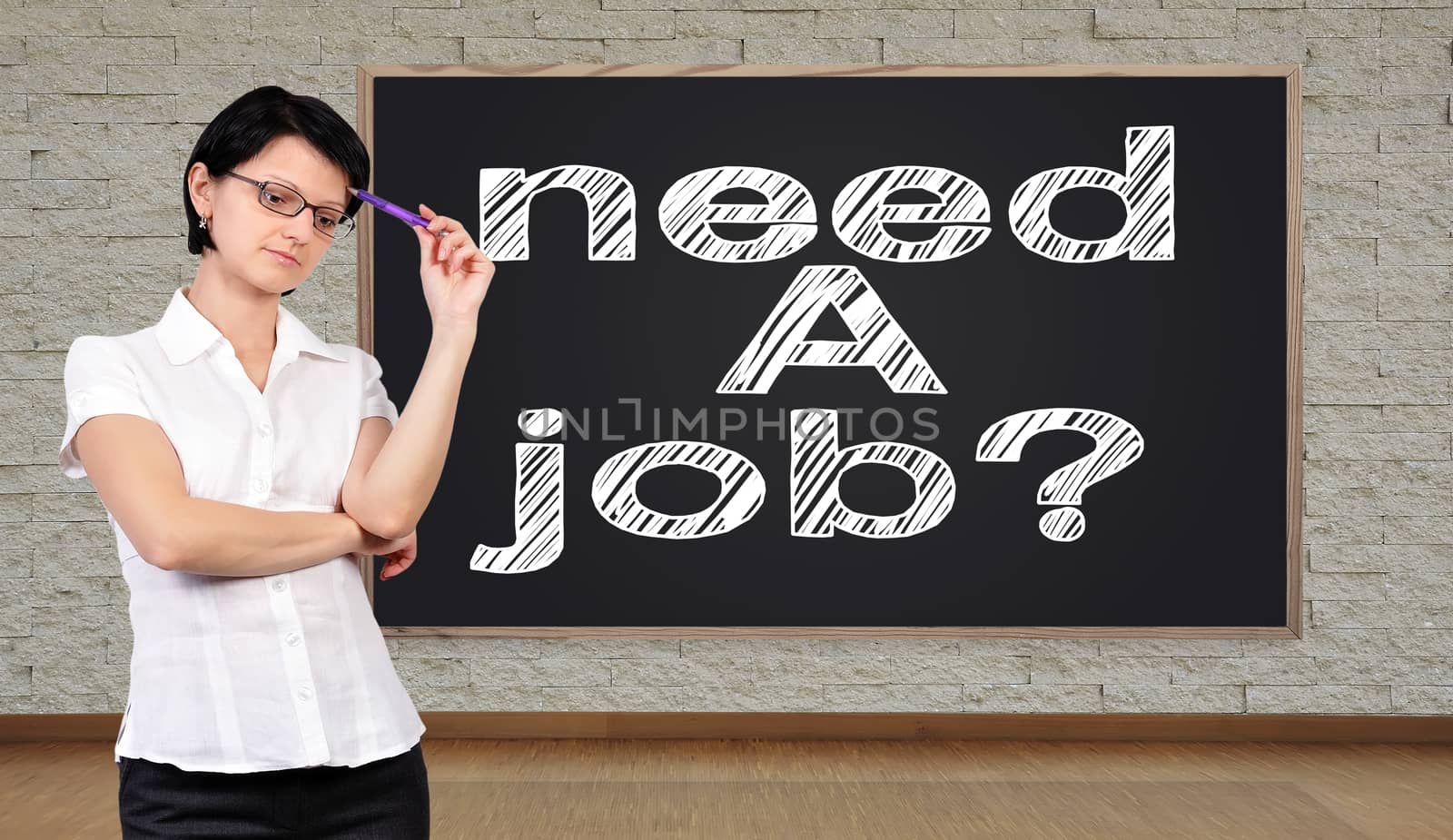 thinking businesswoman and big blackboard with need a job