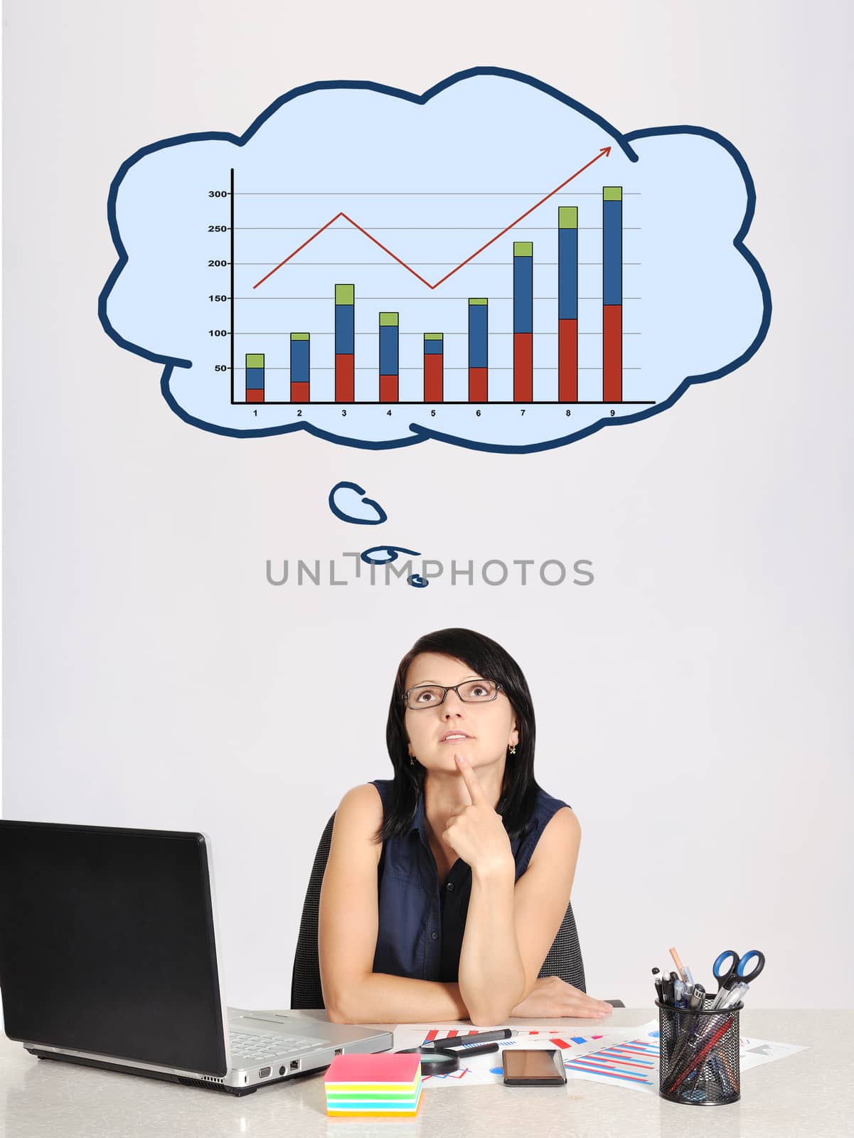 thinking businesswoman in office and speech bubbles with chart