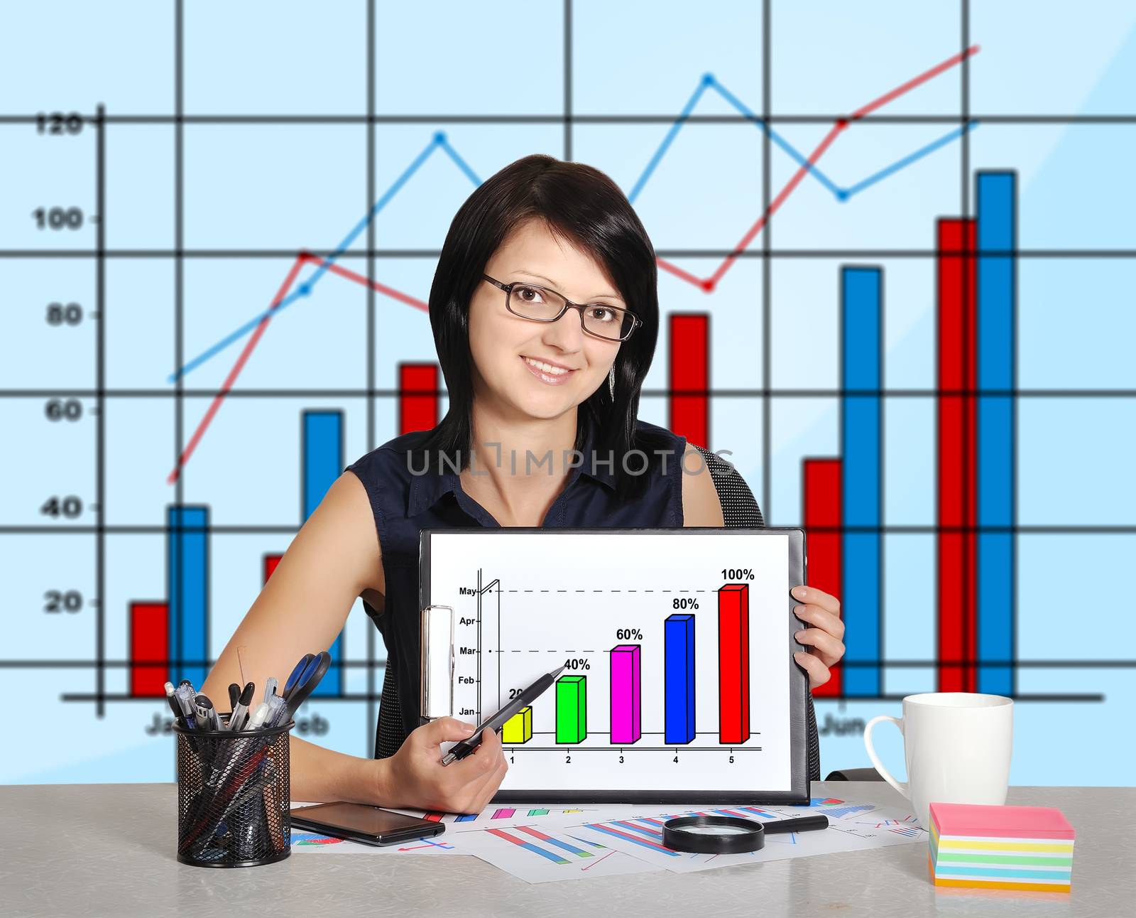 woman sitting in office and chart on clipboard