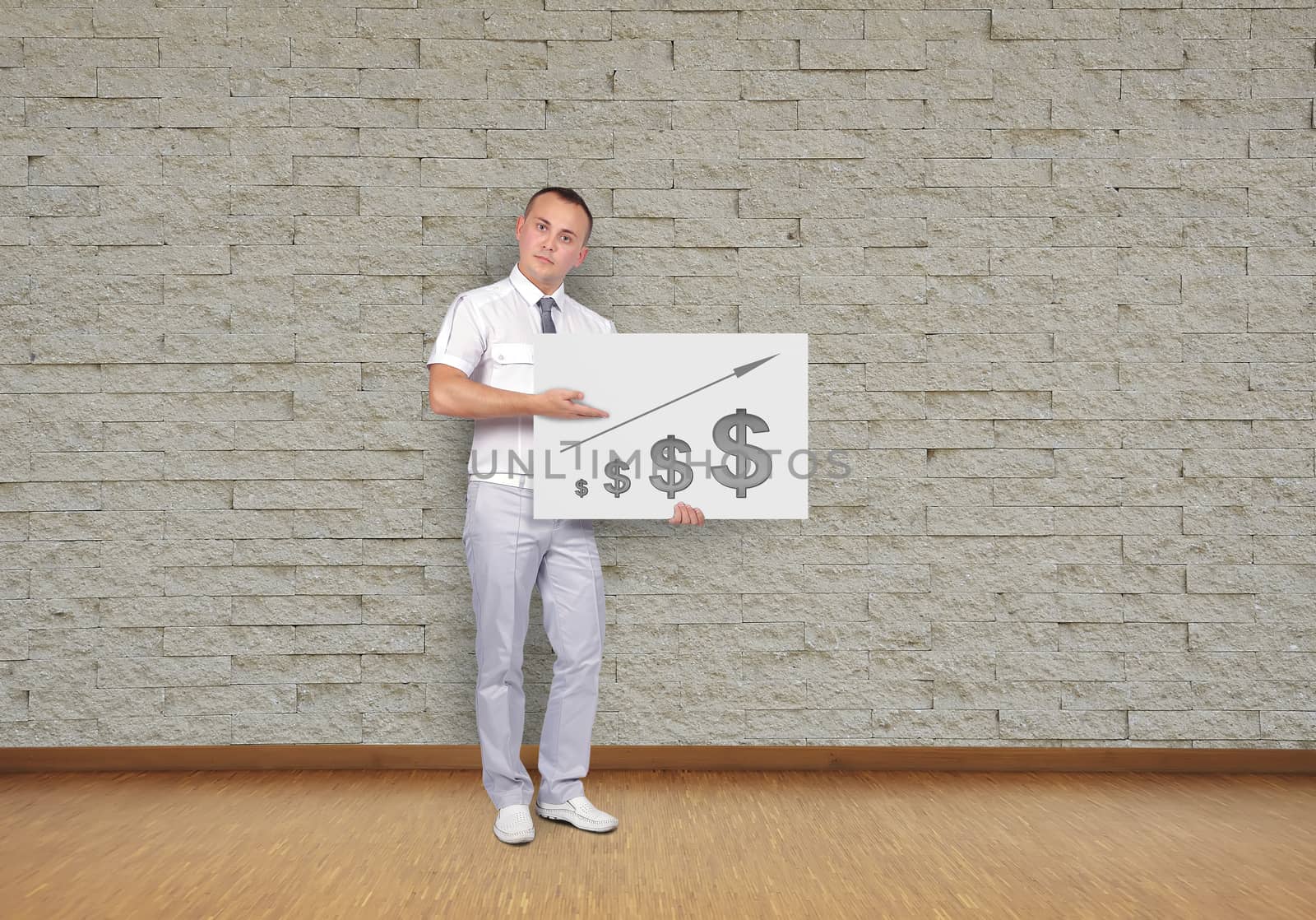 businessman holding placard with rising dollar