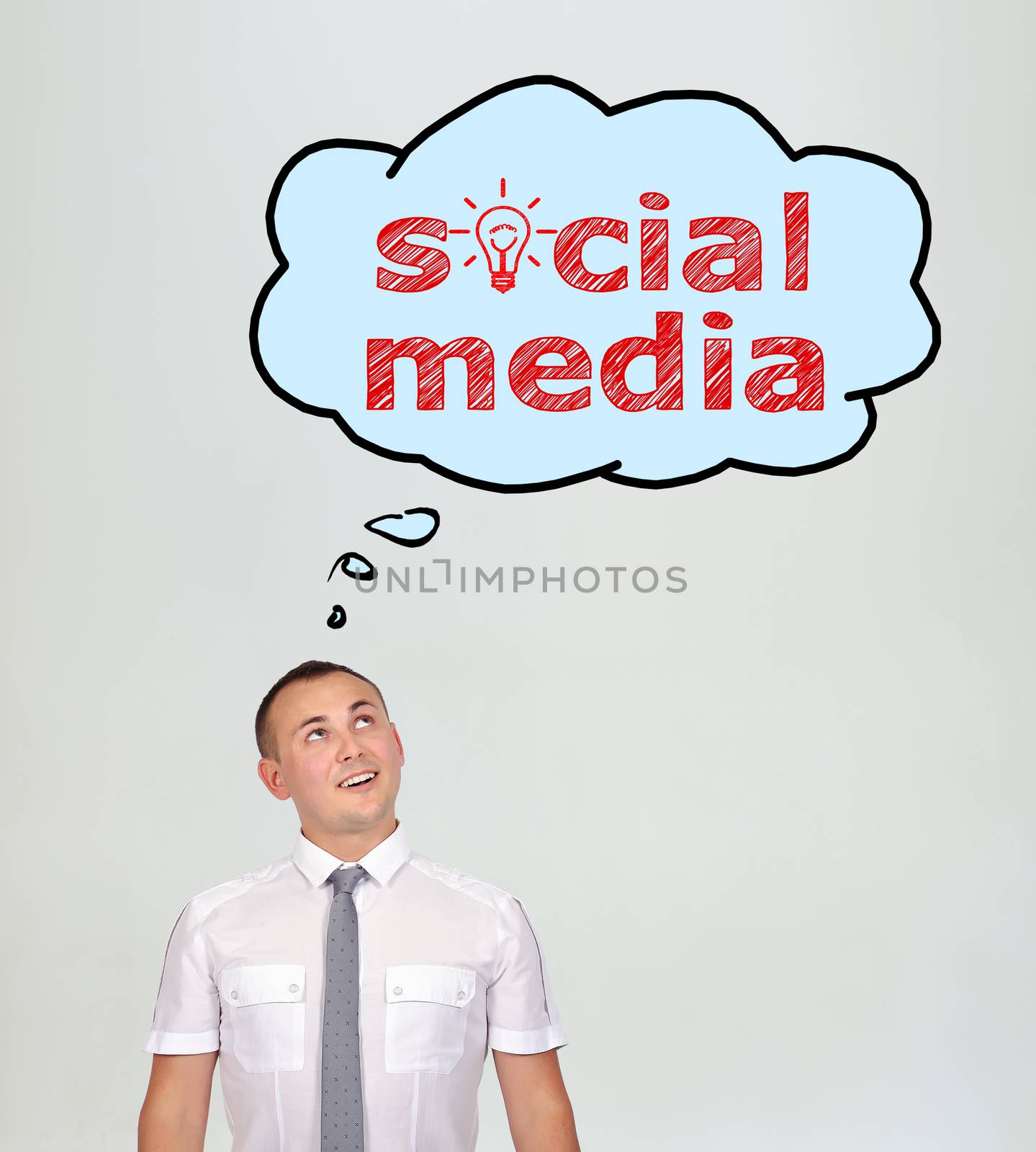 businessman and speech bubbles with social media over head