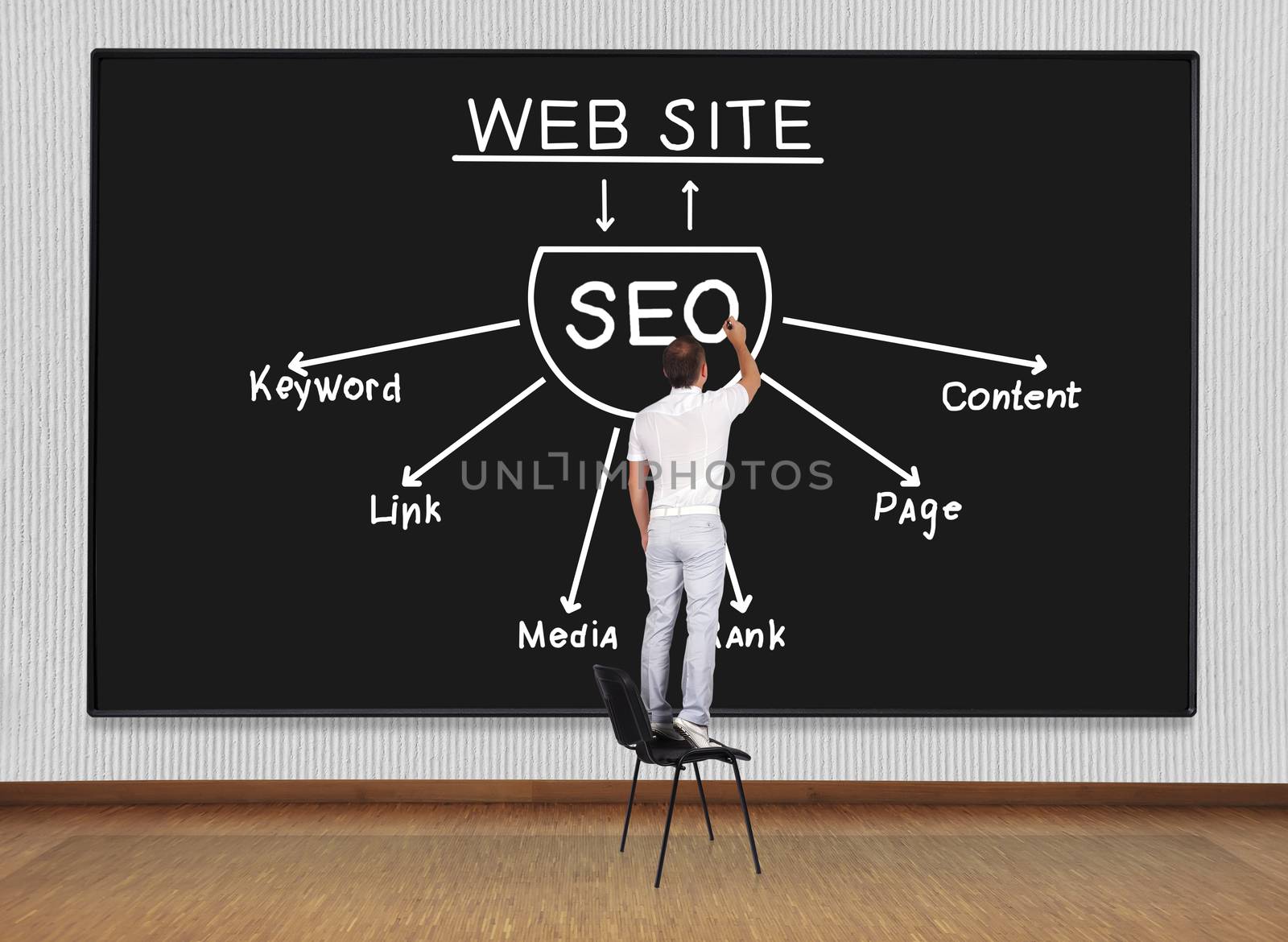 man standing on a chair and drawing seo concept