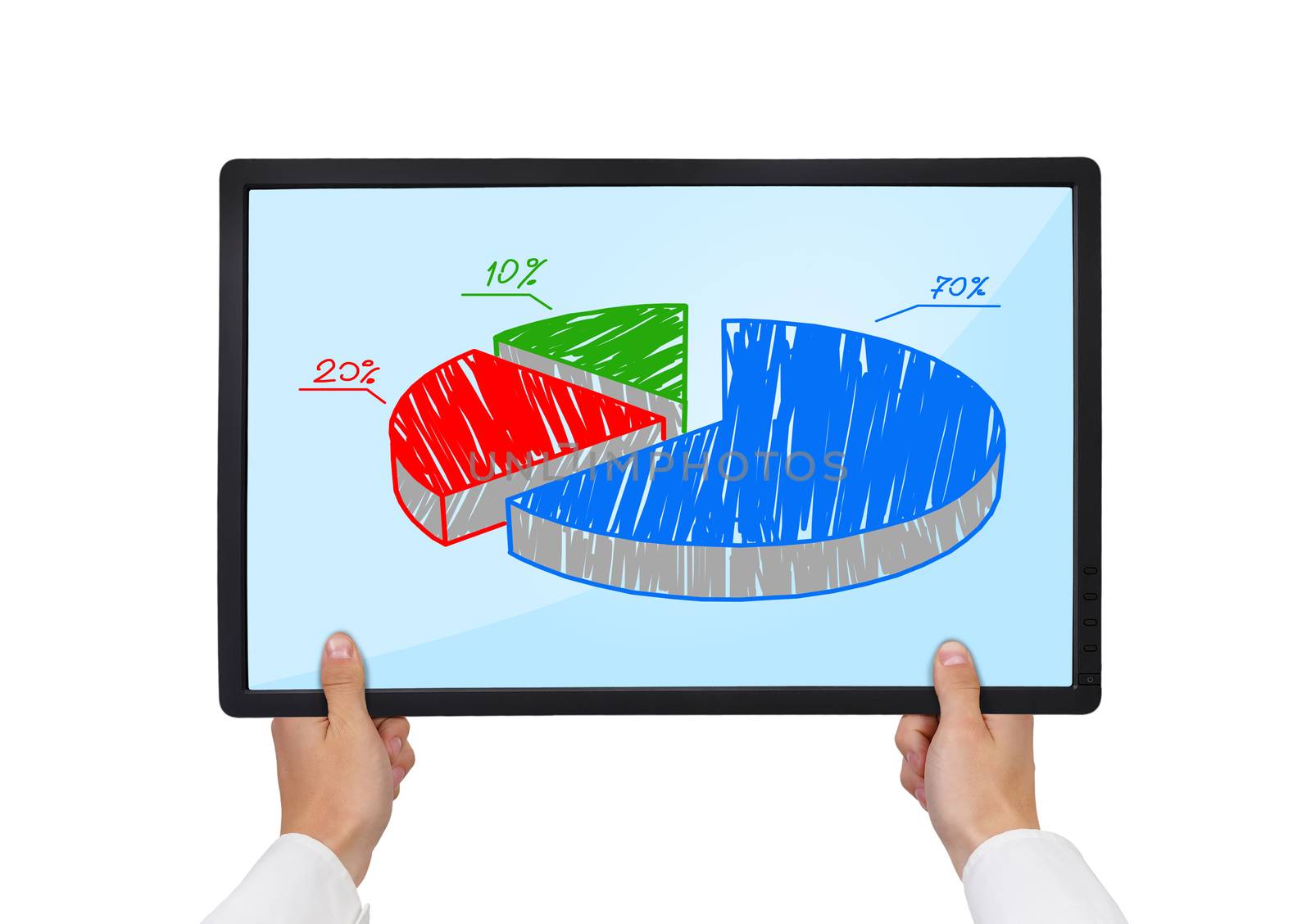 hands holding tablet with pie graph