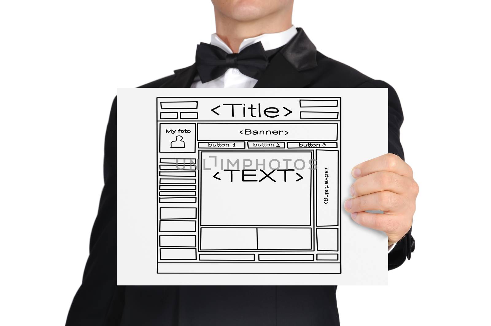businessman holding paper with template web site
