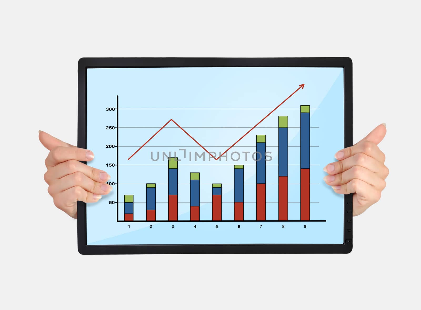 tablet with graph in hands on a white background