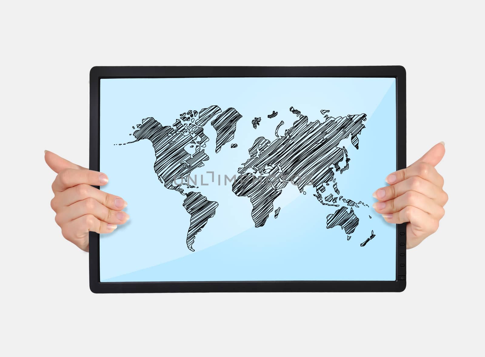 tablet with world map in hands on a white background