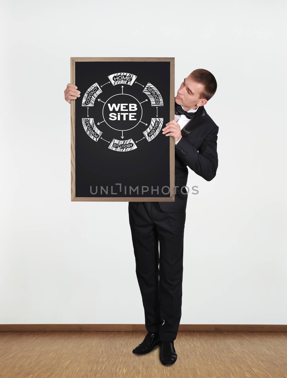 businessman standing and  holding blackboard with website concept