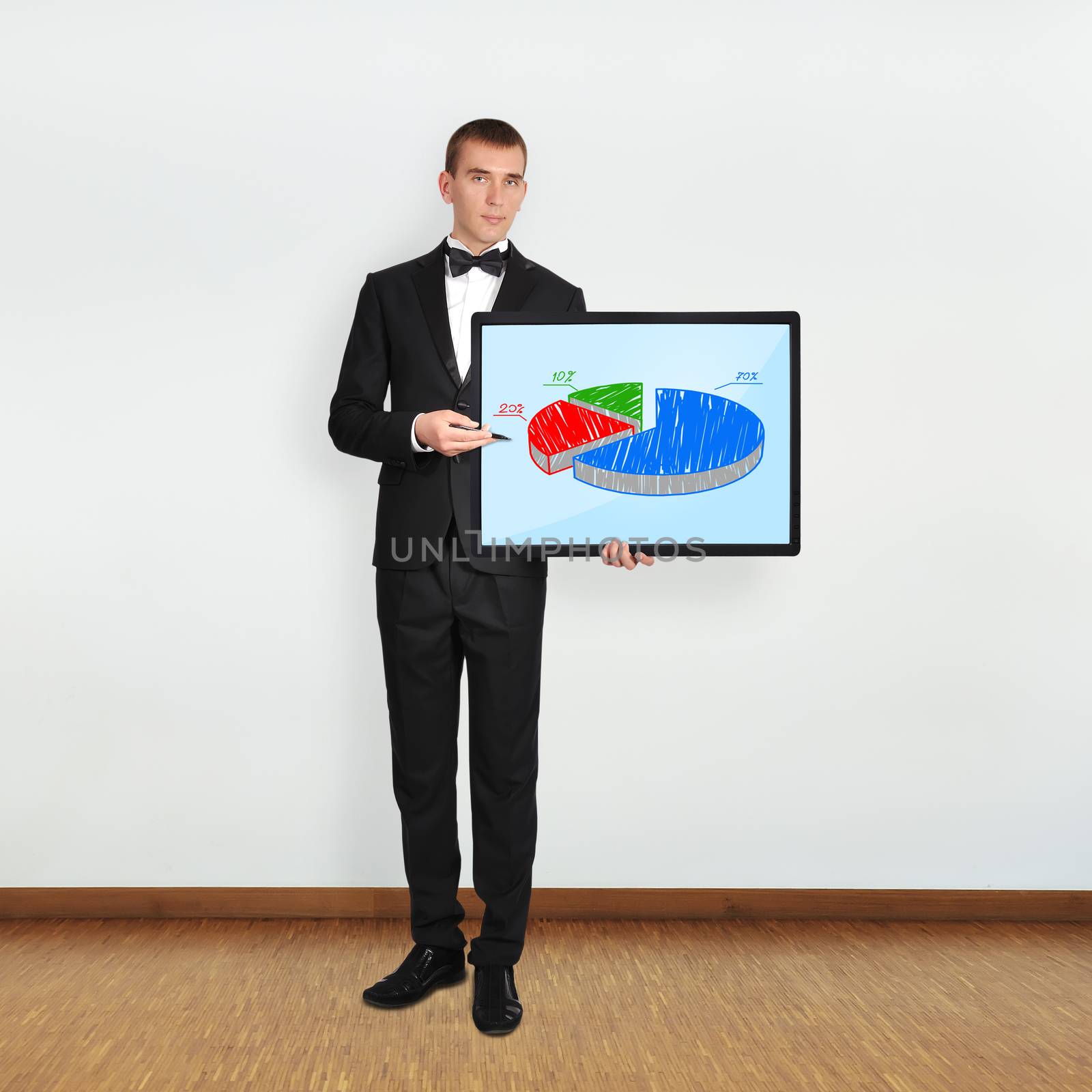 businessman in room holding plasma with graph