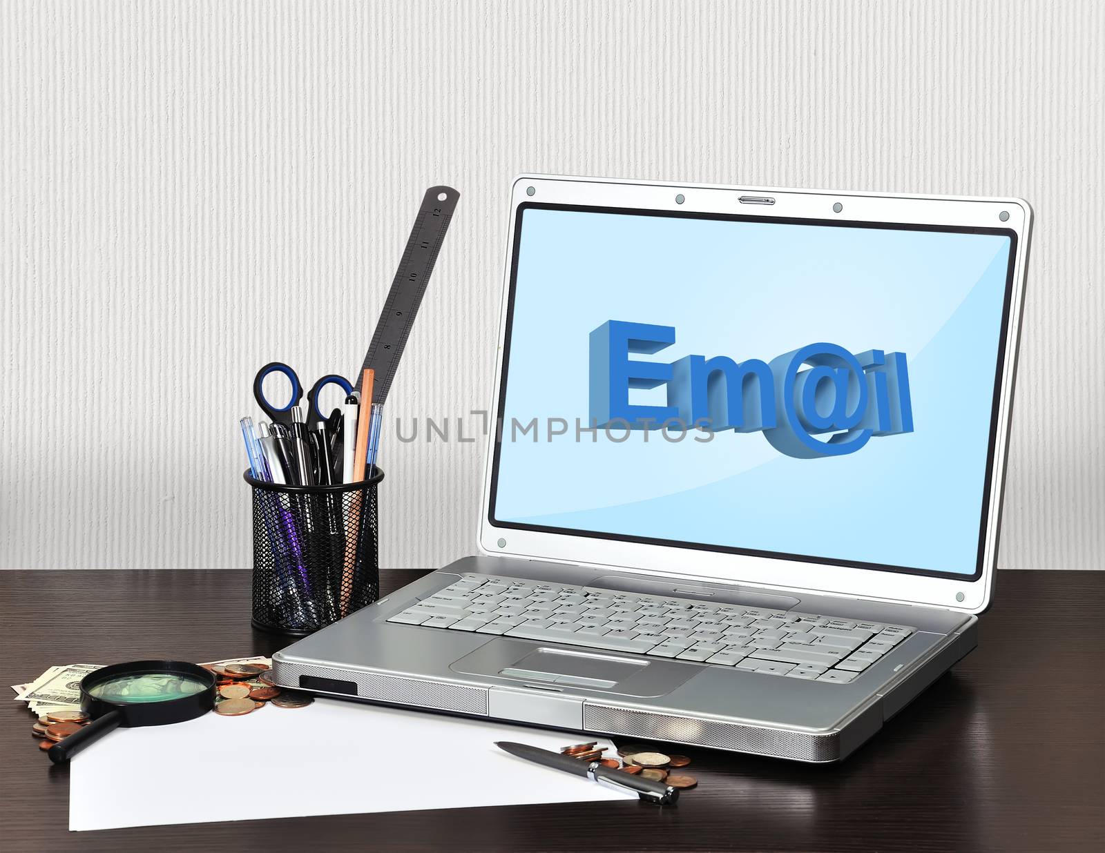 notebook with email and money on table