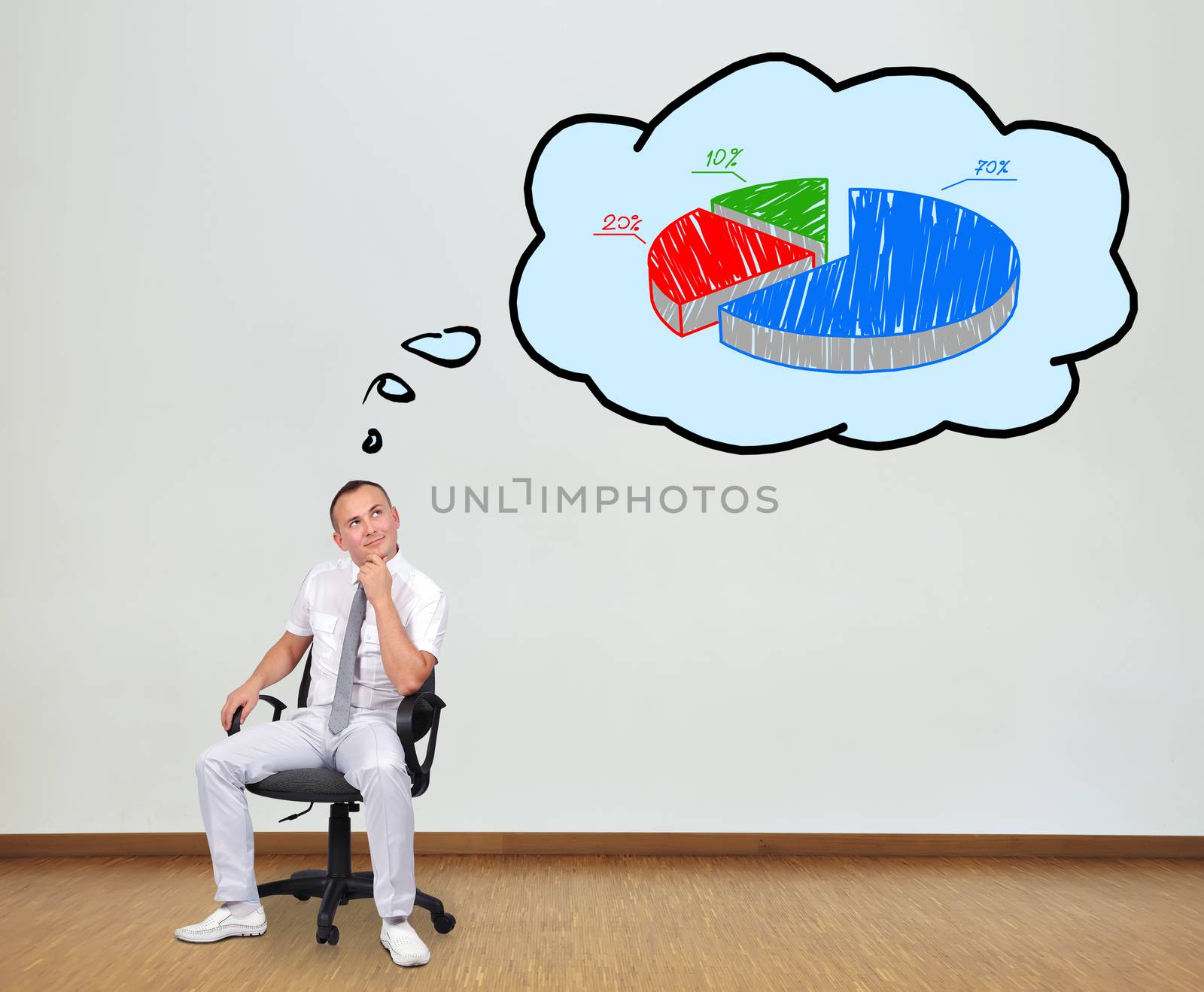 man sitting on chair and thinking about pie chart
