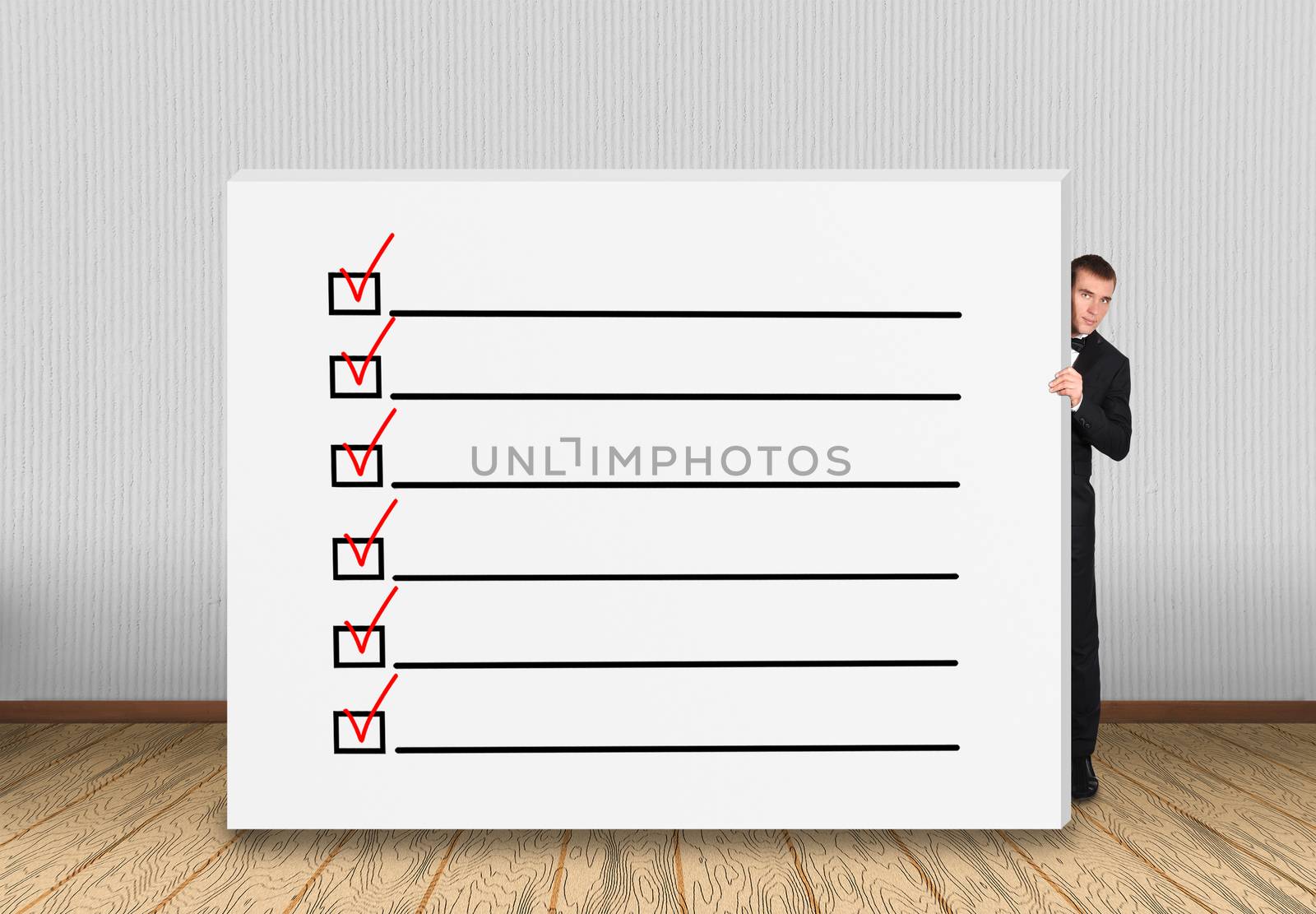businessman looking out from behind a concrete wall  with checklist