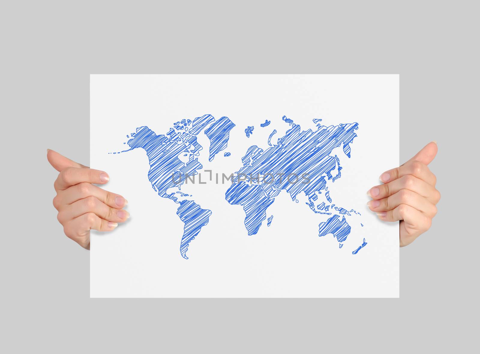 poster with world map in hands on a gray background