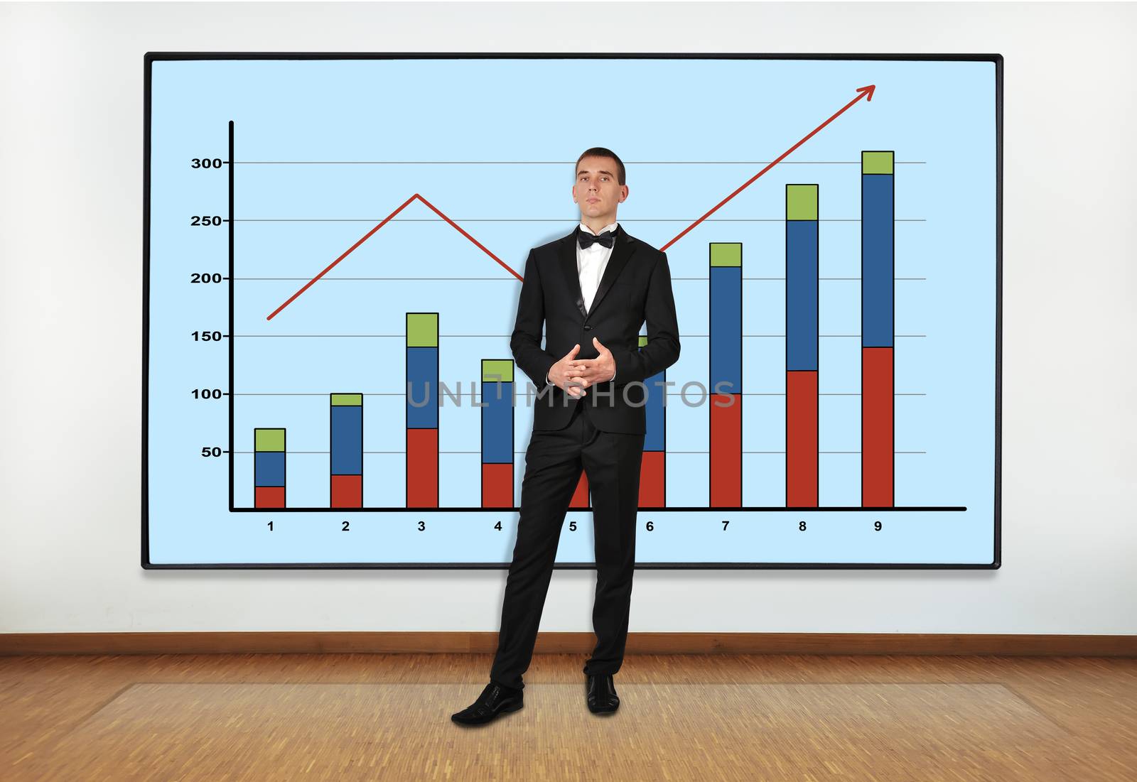 businessman in office and big plasma with graphic