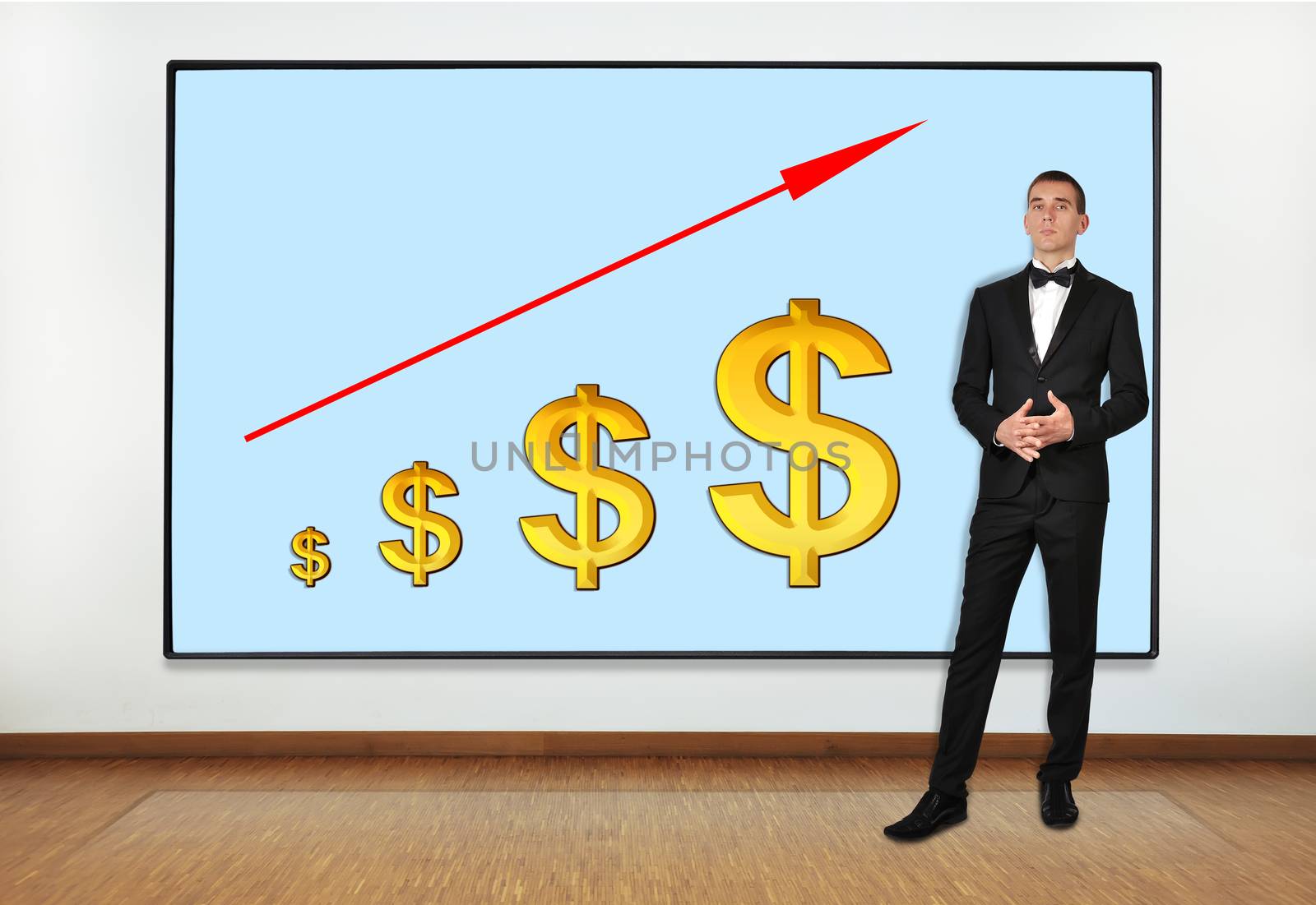businessman in office and big plasma on wall with arrow