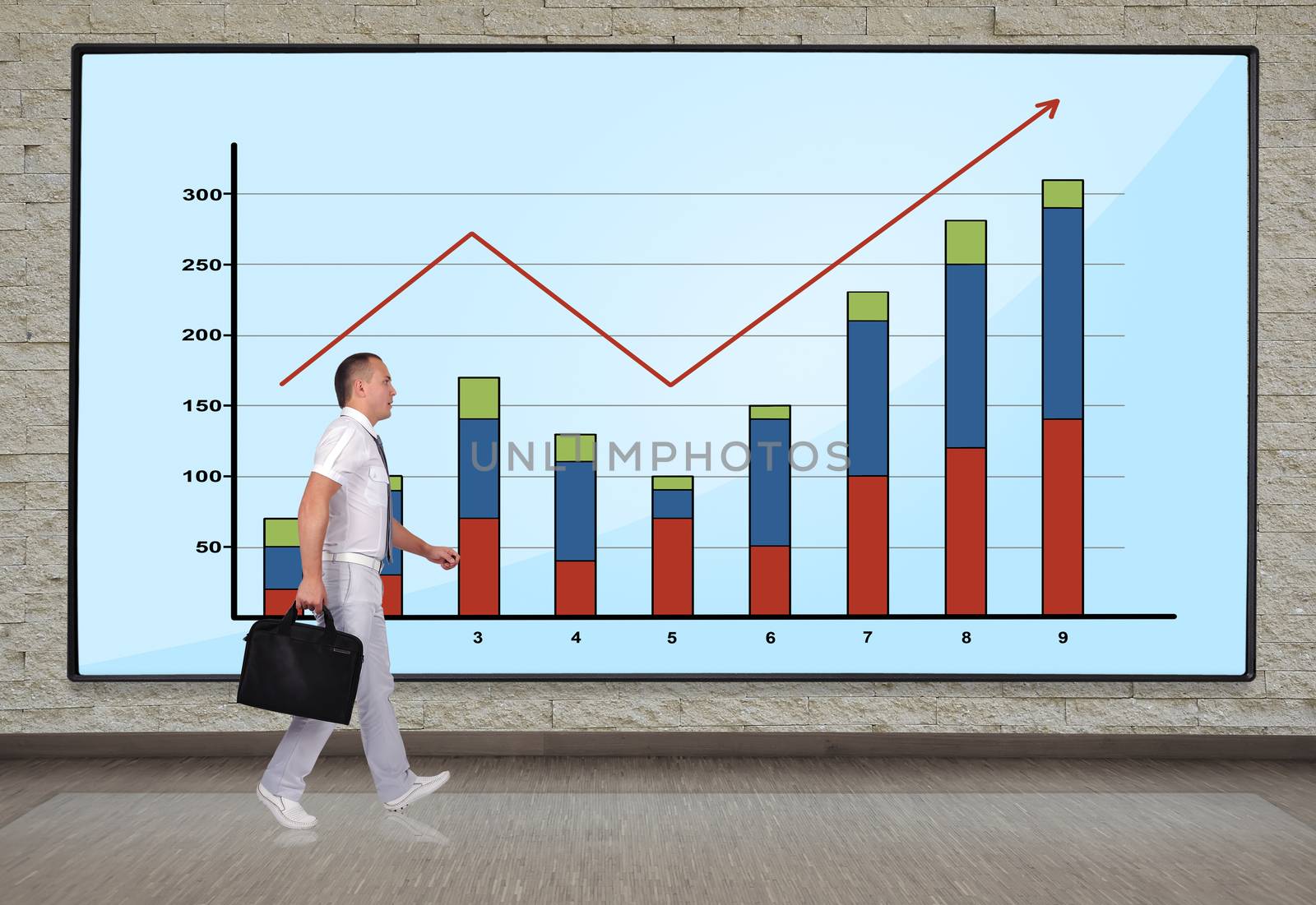 businessmen walking at big plasma panel with chart on wall