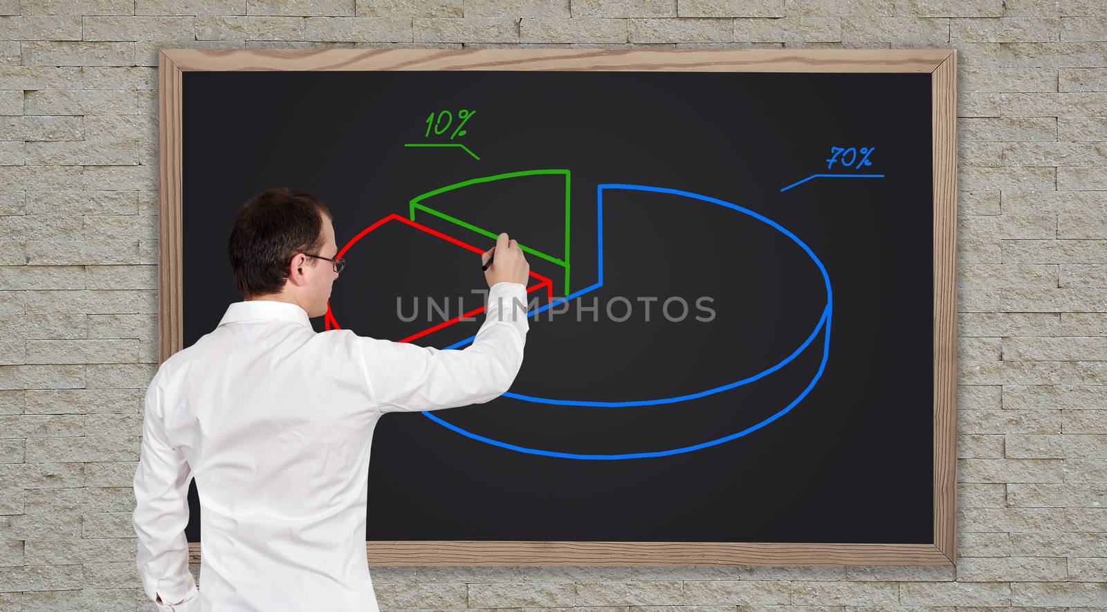 businessman drawing pie chart on blackboard