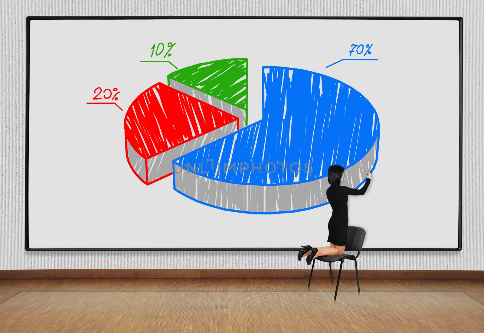 woman standing on a chair and drawing pie chart