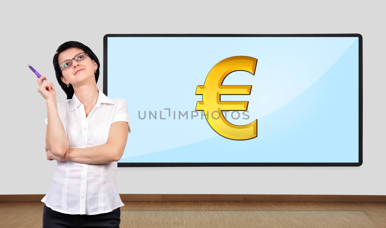 businesswoman thinking and big plasma on wall with euro symbol