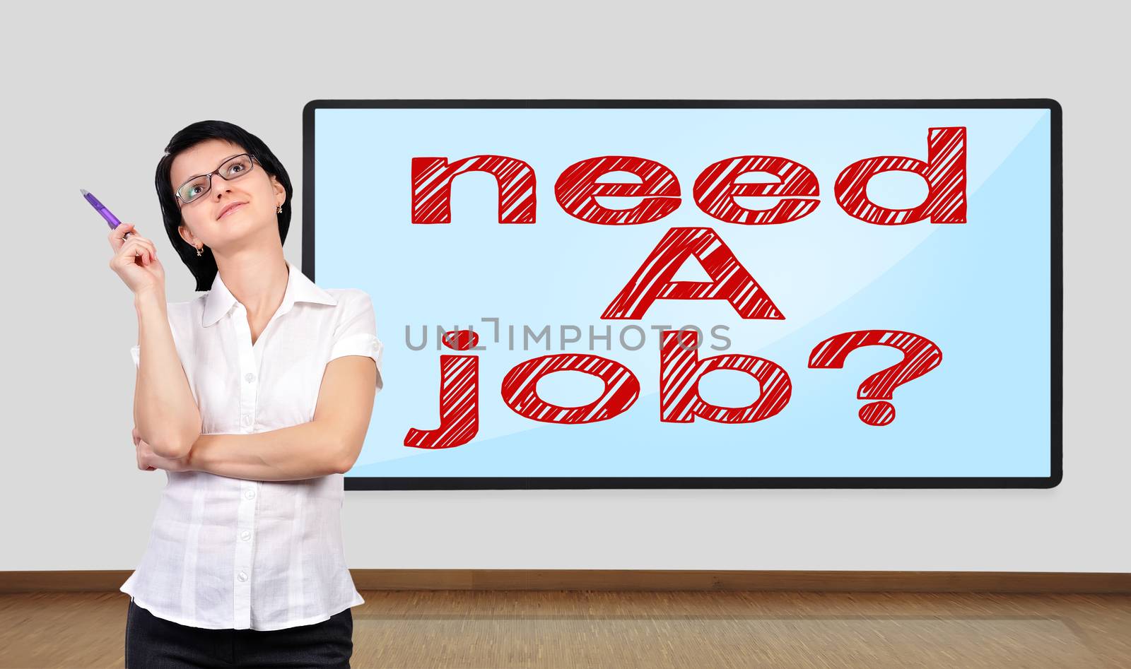businesswoman thinking and big plasma on wall with need a job
