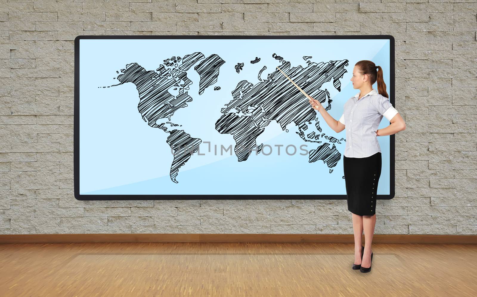 businesswoman in office pointing at  plasma with world map