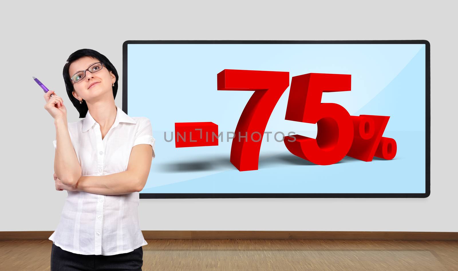 businesswoman thinking and big plasma on wall with discount