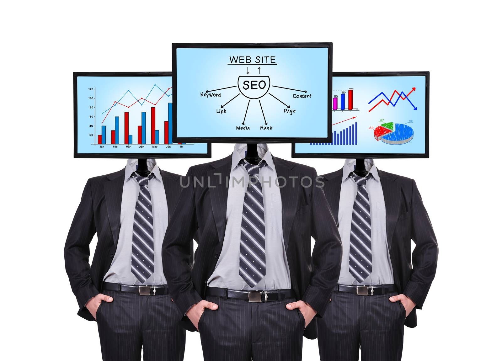 three businessmen and monitor with chart and seo schene for a head