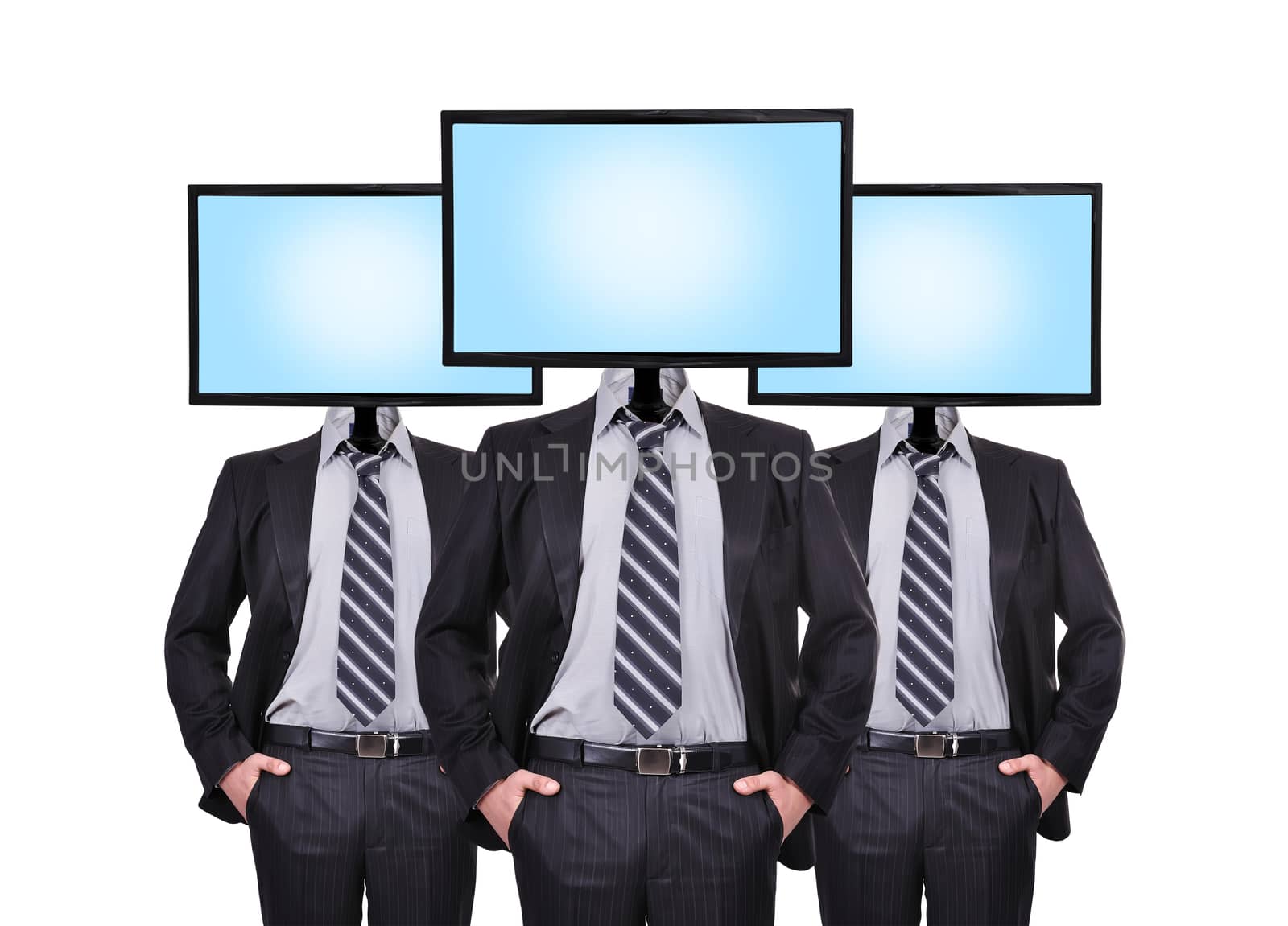three businessman and monitor for a head