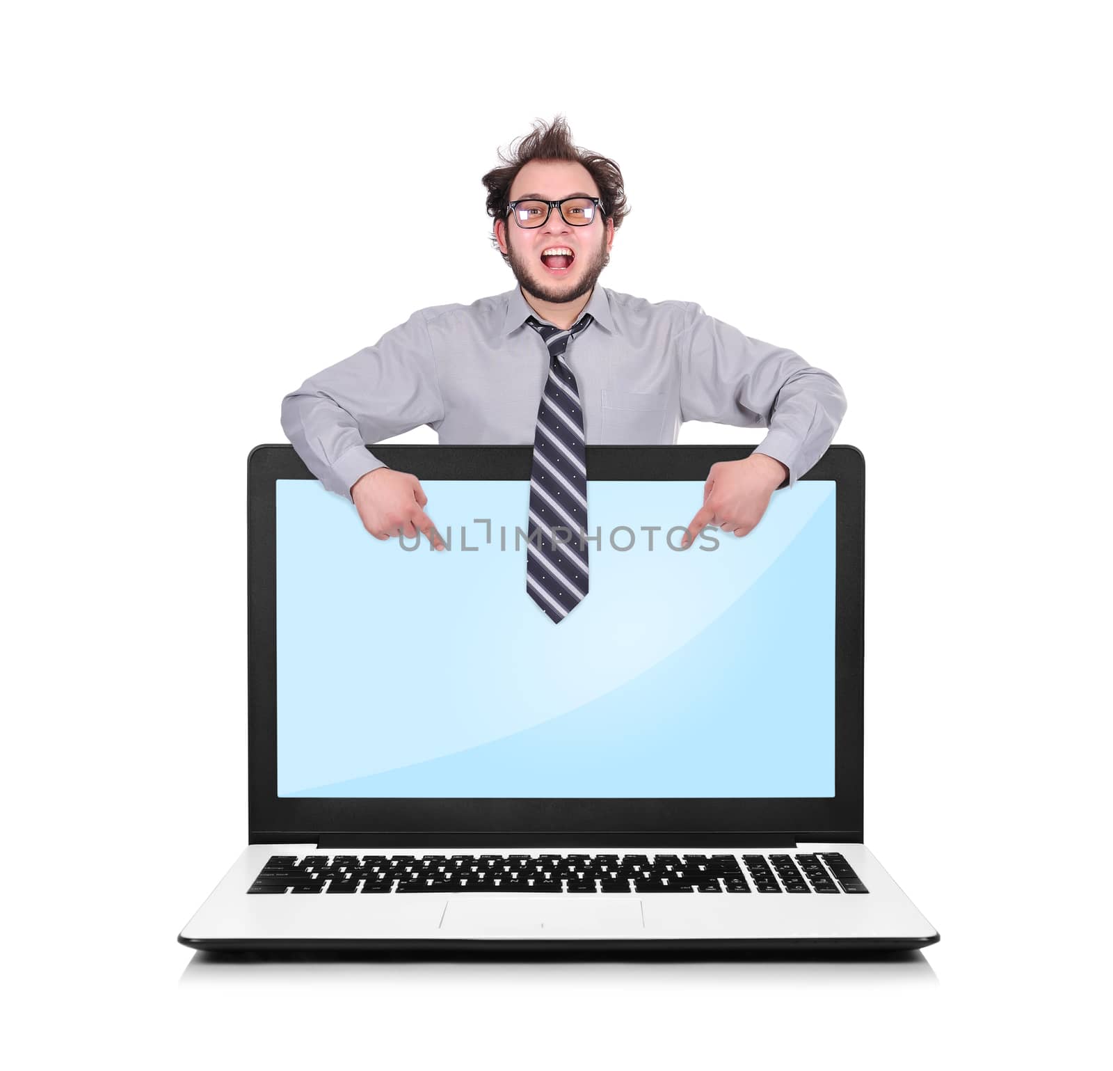 happy businessman pointing to screen  laptop