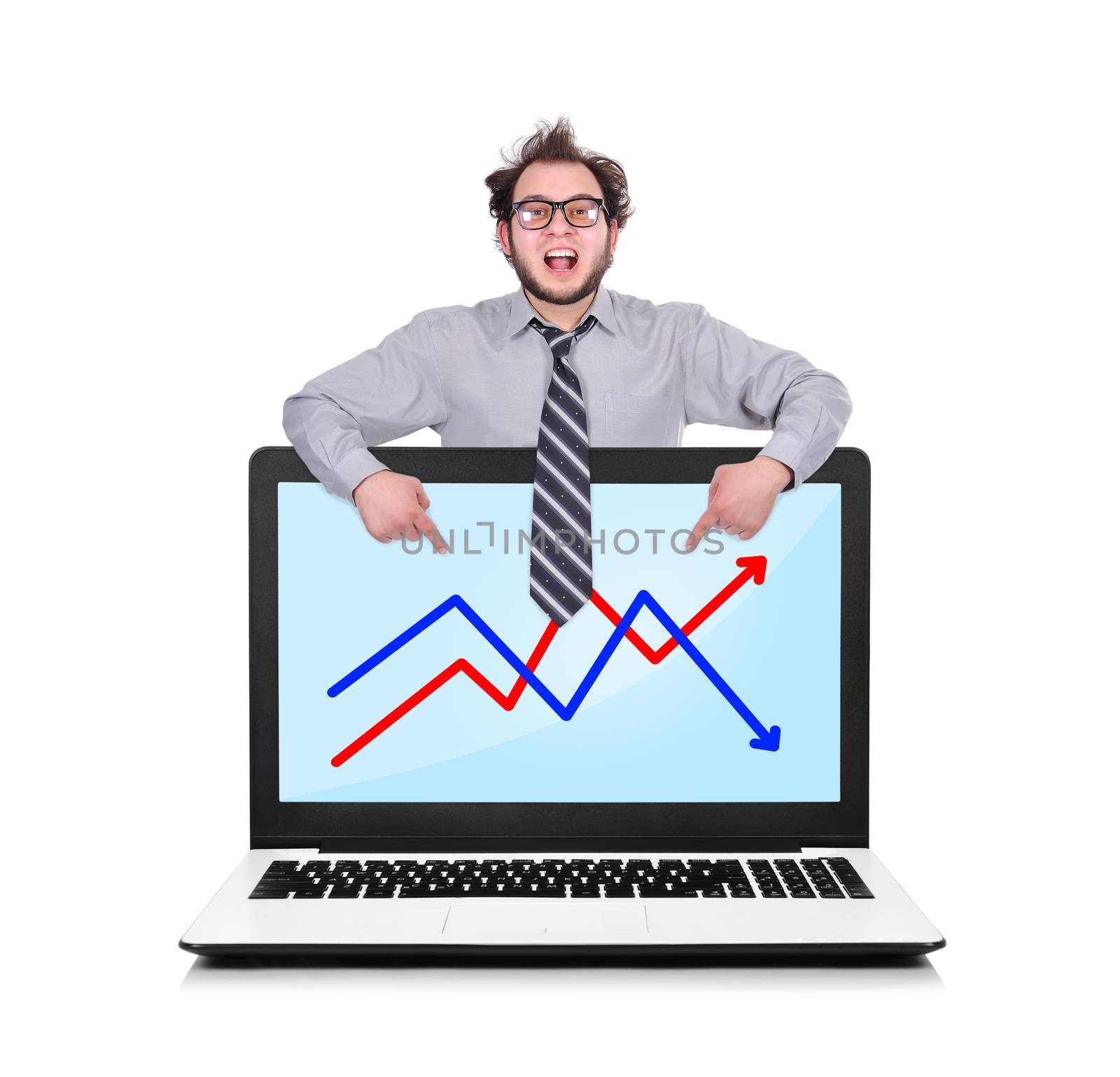 happy businessman pointing to laptop with chart