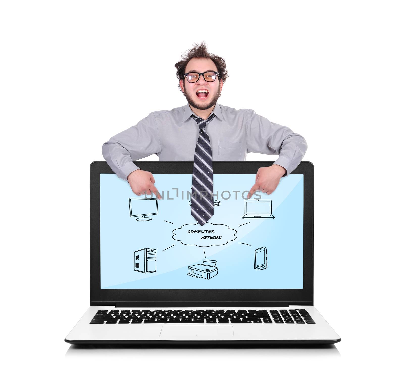 happy businessman pointing to laptop with computer network