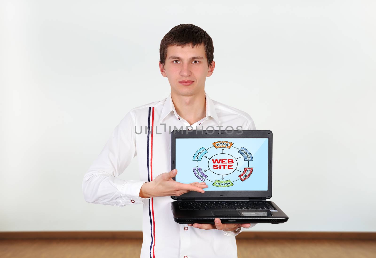 boy holding laptop with website
