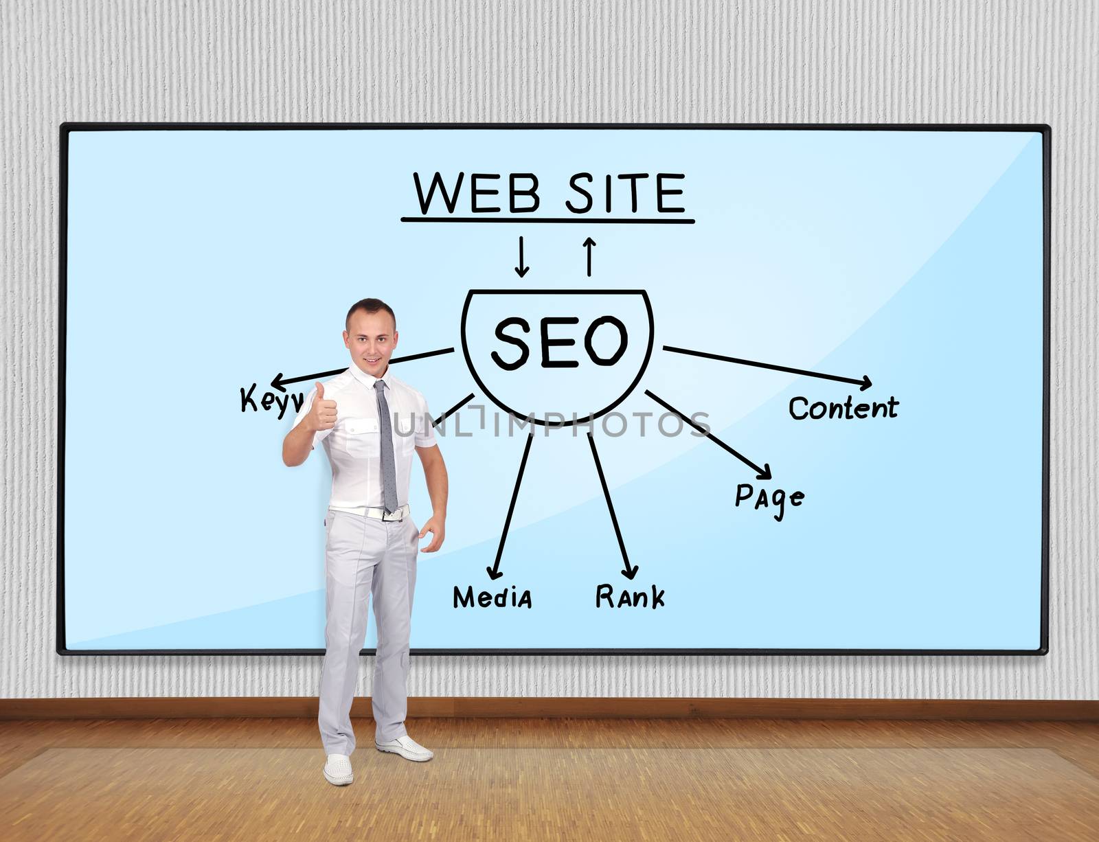 businessman showing thumb up and screen with scheme seo