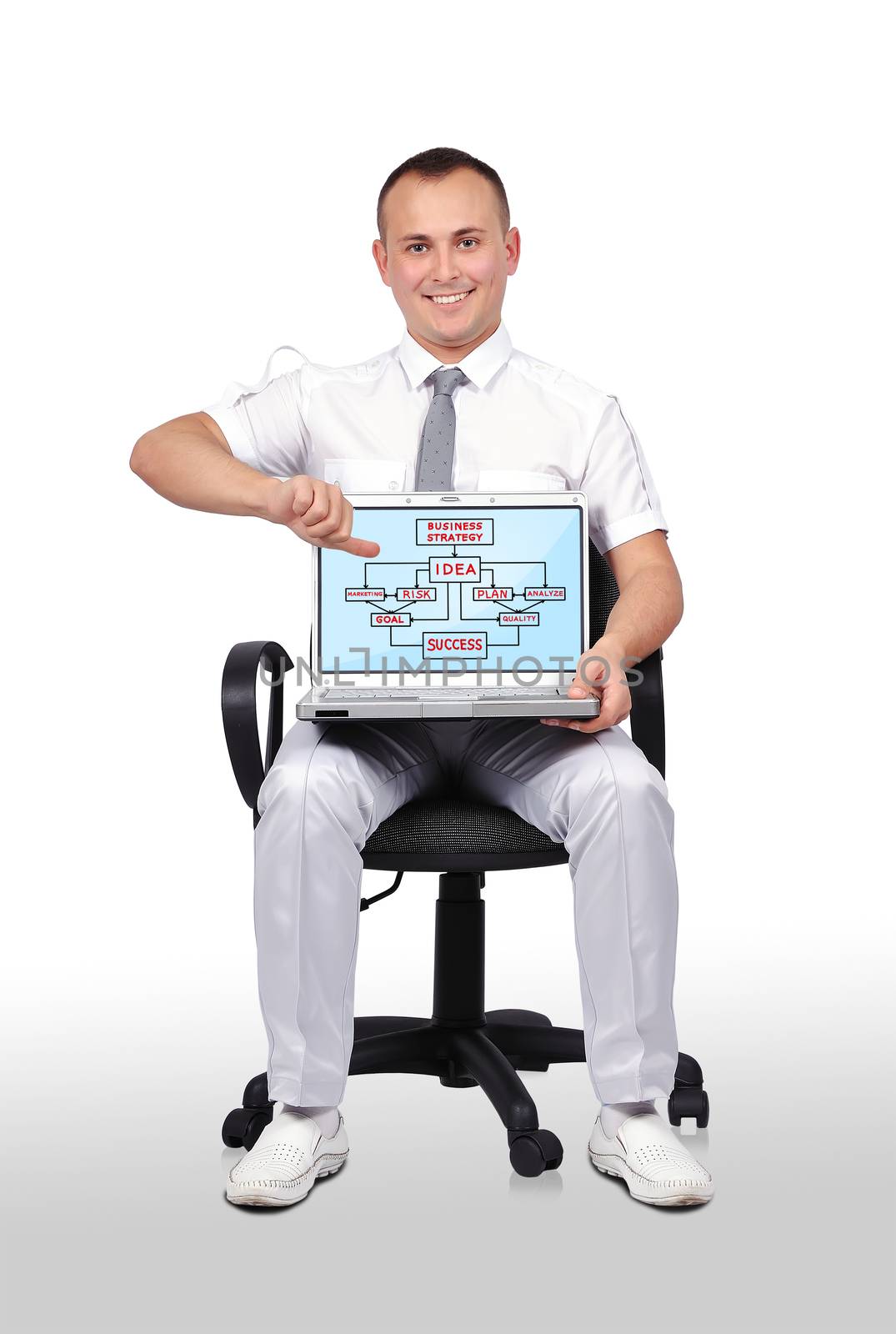 businessman sitting on chair and holding laptop with business scheme