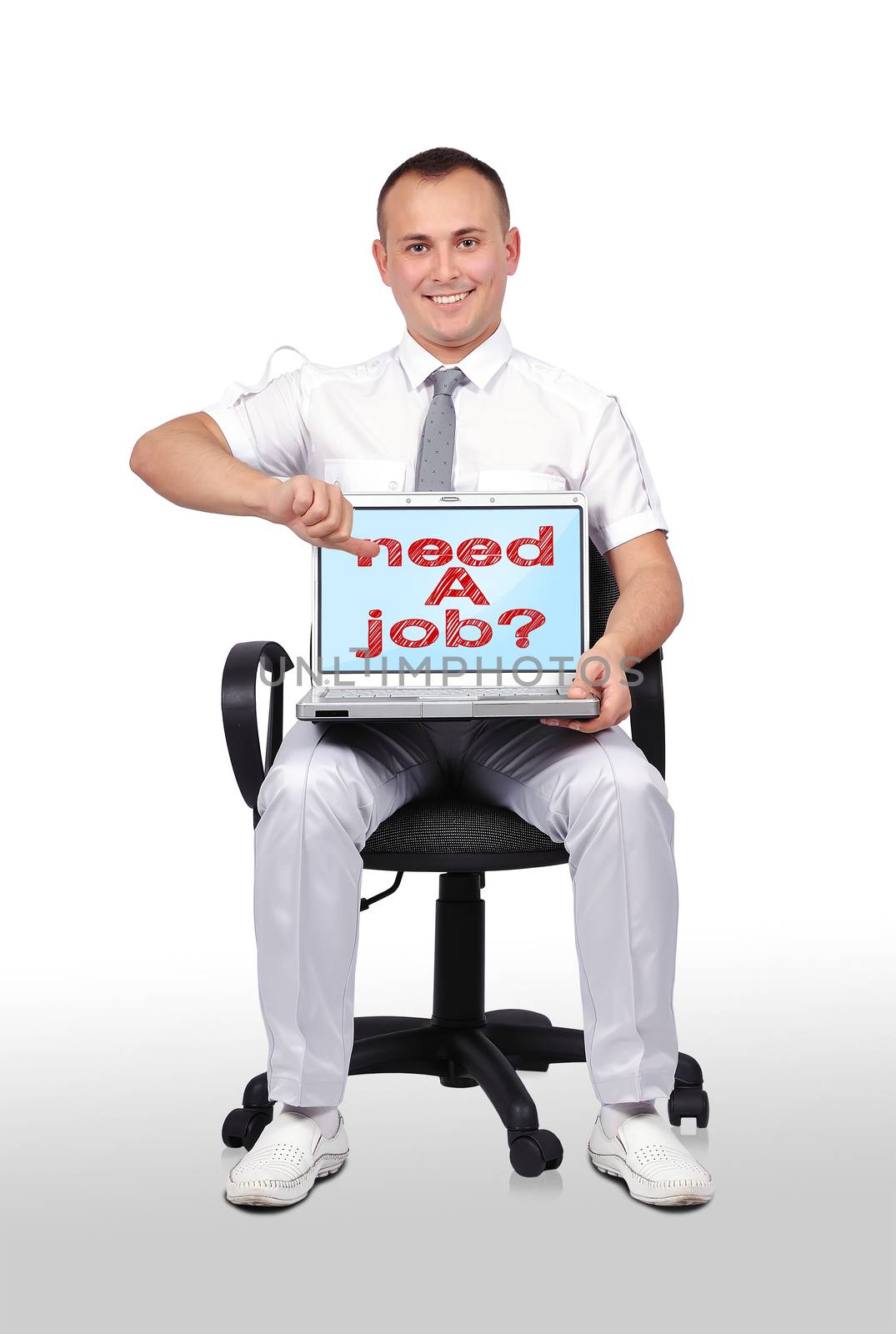 businessman sitting in chair and holding laptop with need a job