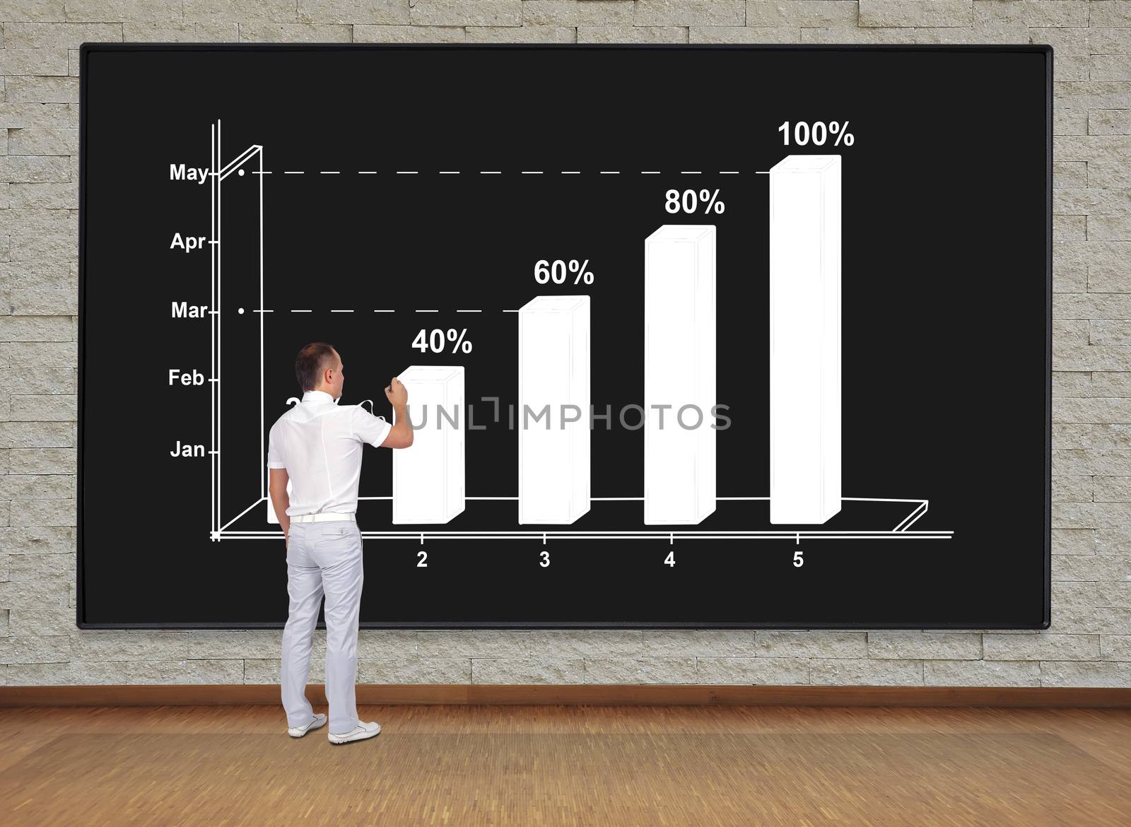 businessman standing on chair and drawing chart
