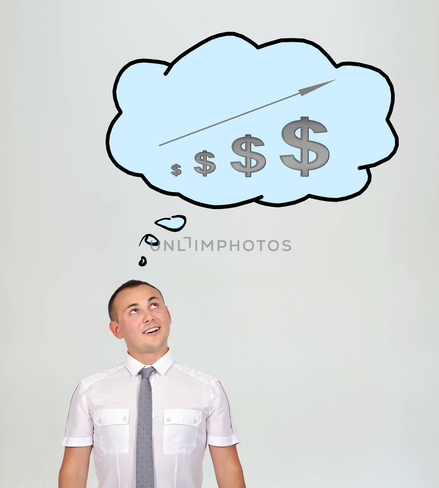 businessman and speech bubbles with chart over head