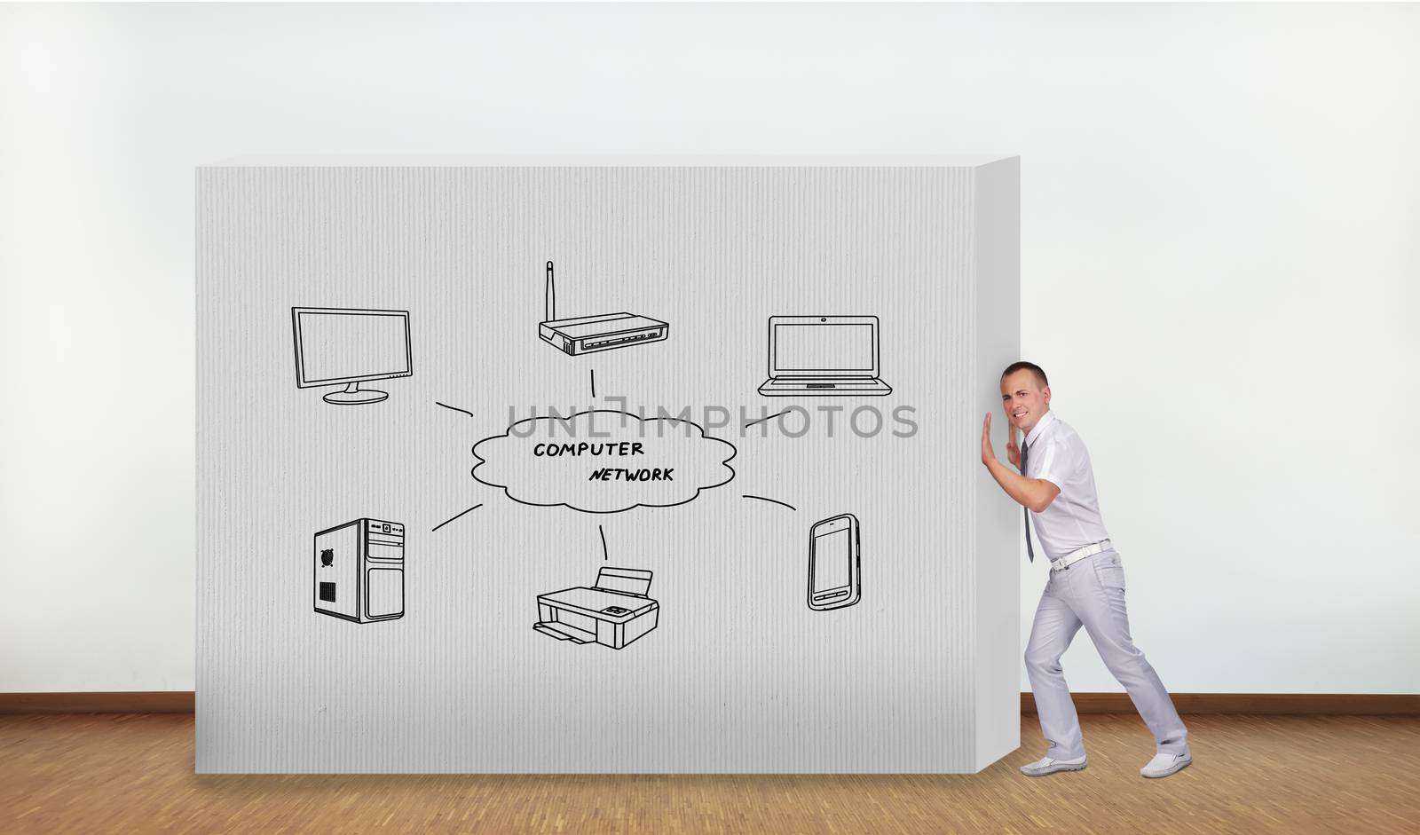 businessman pushing concrete wall with computer network