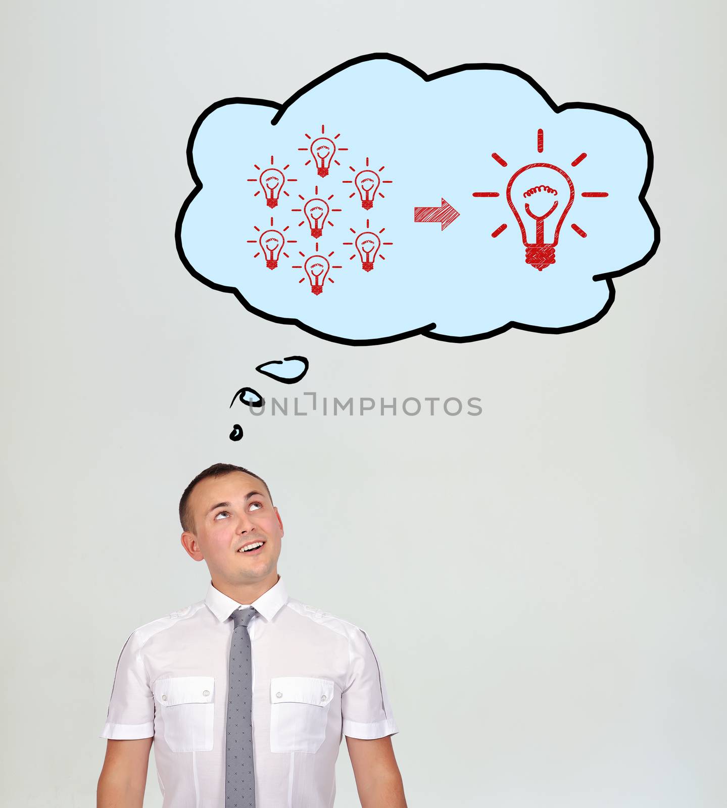 businessman and speech bubbles over head, idea concept