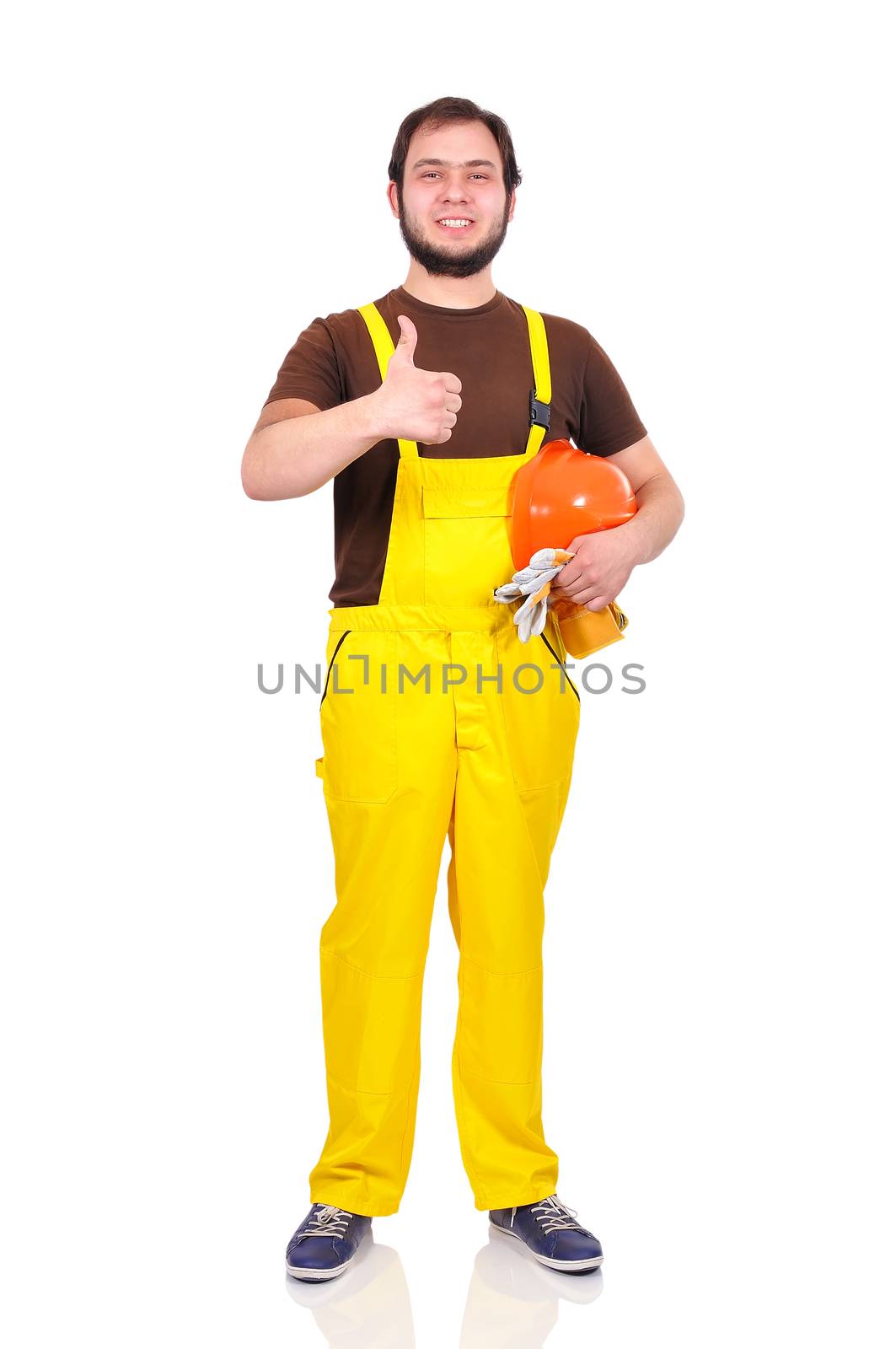 builder with thumb up on a white background