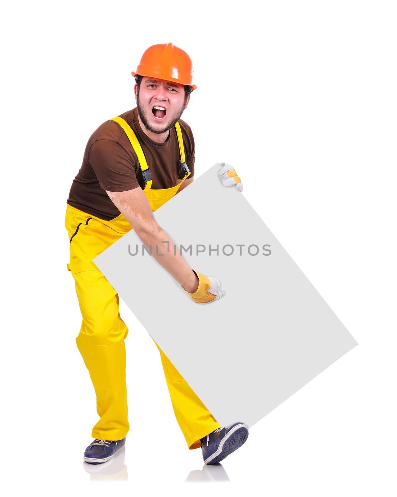 builder holding poster on a white background