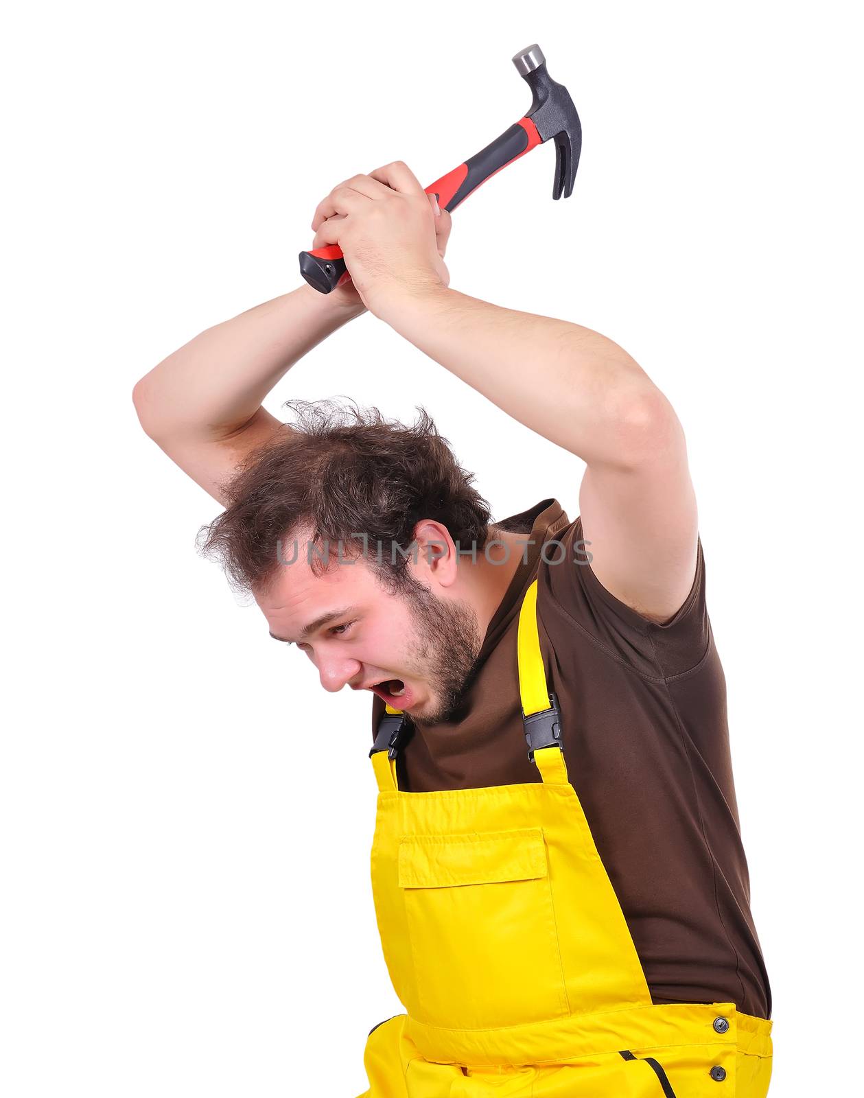 Crazy construction worker with hammer